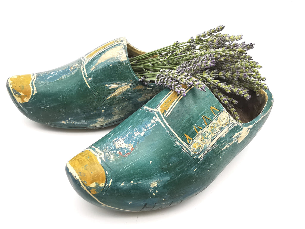 Vintage Green Hand-Painted Dutch Wooden Clogs, Distressed Teal Green
