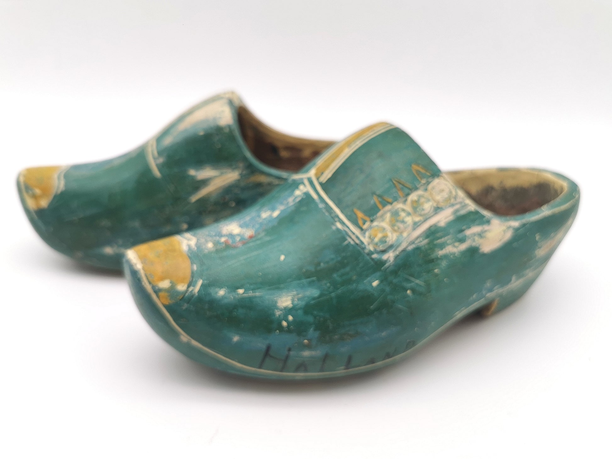 Vintage Green Hand-Painted Dutch Wooden Clogs, Distressed Teal Green