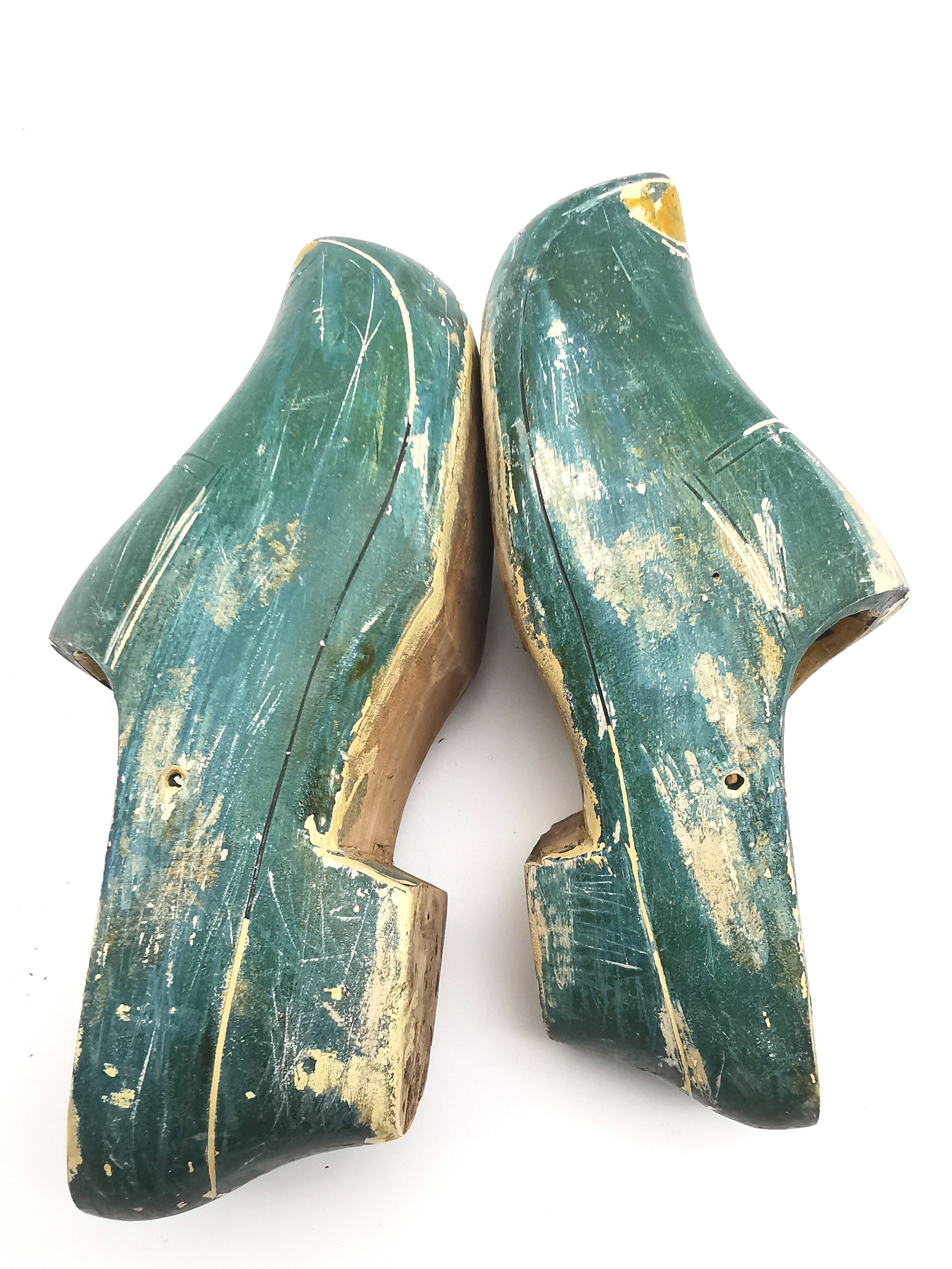 Vintage Green Hand-Painted Dutch Wooden Clogs, Distressed Teal Green