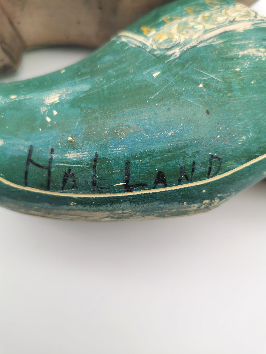 Vintage Green Hand-Painted Dutch Wooden Clogs, Distressed Teal Green