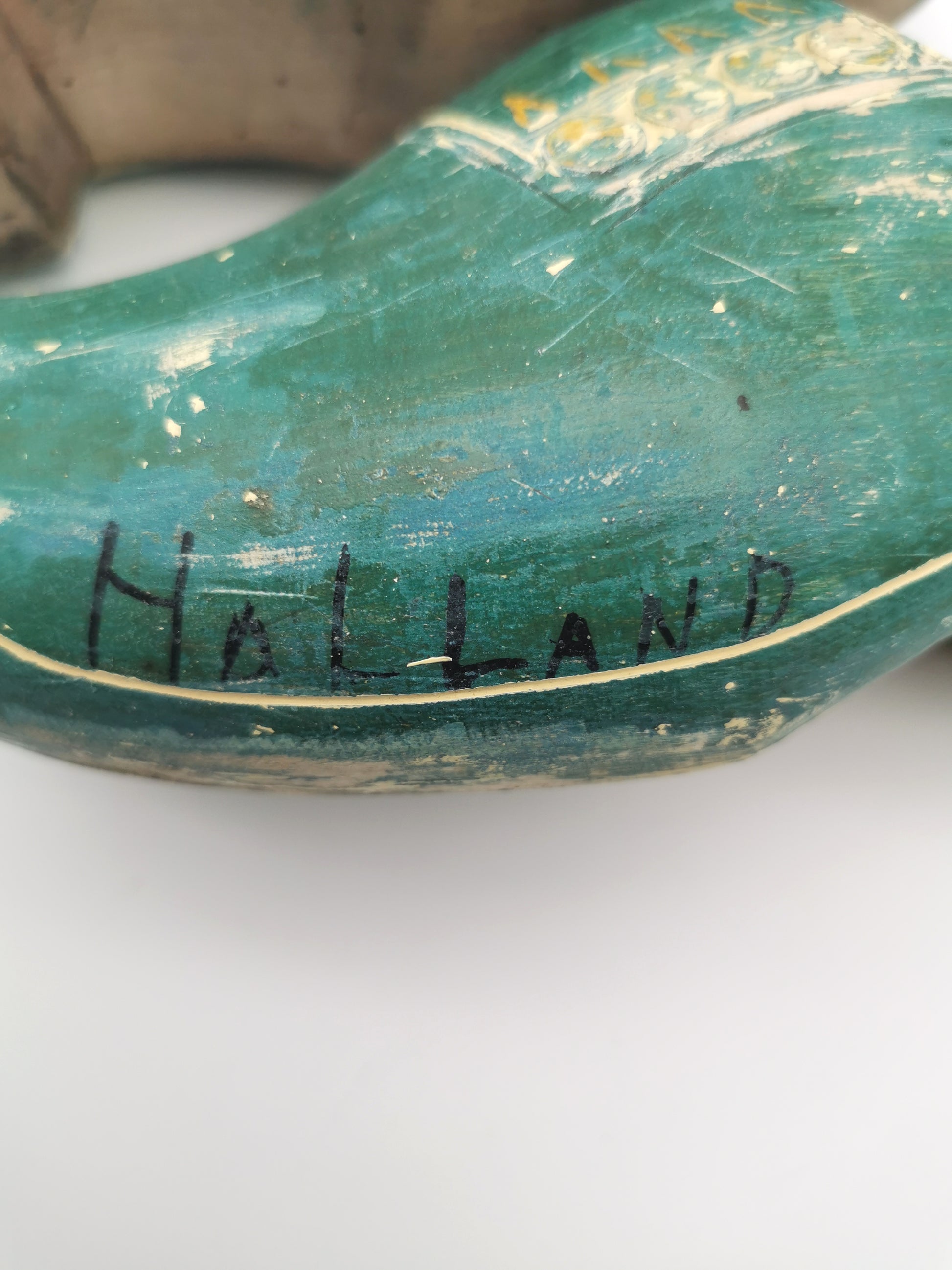 Vintage Green Hand-Painted Dutch Wooden Clogs, Distressed Teal Green