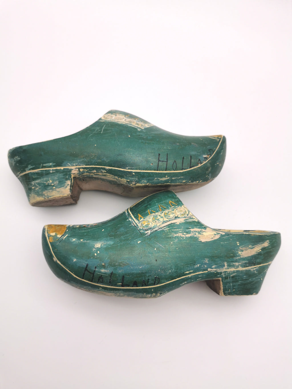Vintage Green Hand-Painted Dutch Wooden Clogs, Distressed Teal Green