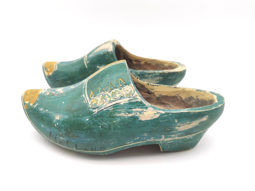 Vintage Green Hand-Painted Dutch Wooden Clogs, Distressed Teal Green