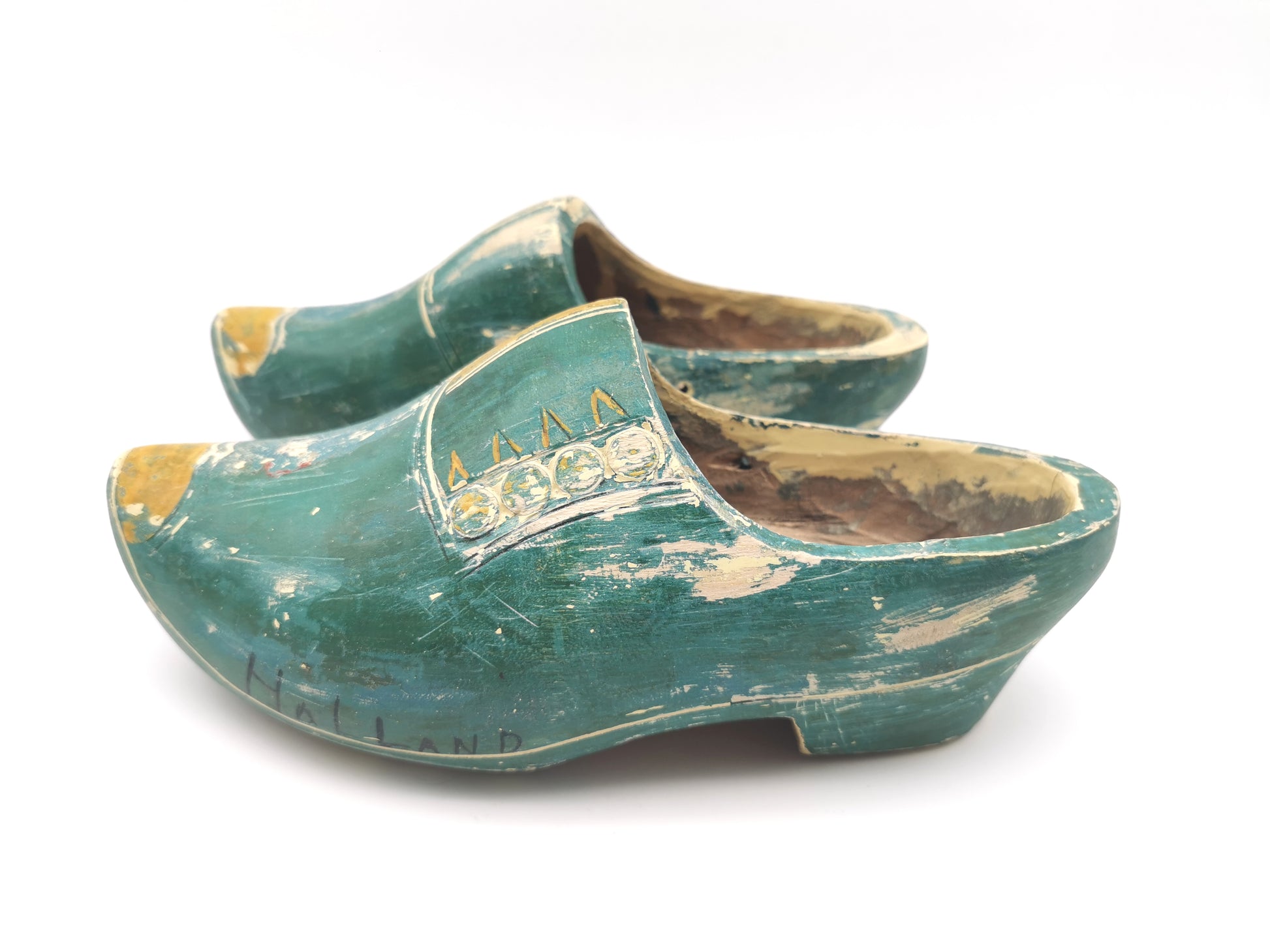 Vintage Green Hand-Painted Dutch Wooden Clogs, Distressed Teal Green