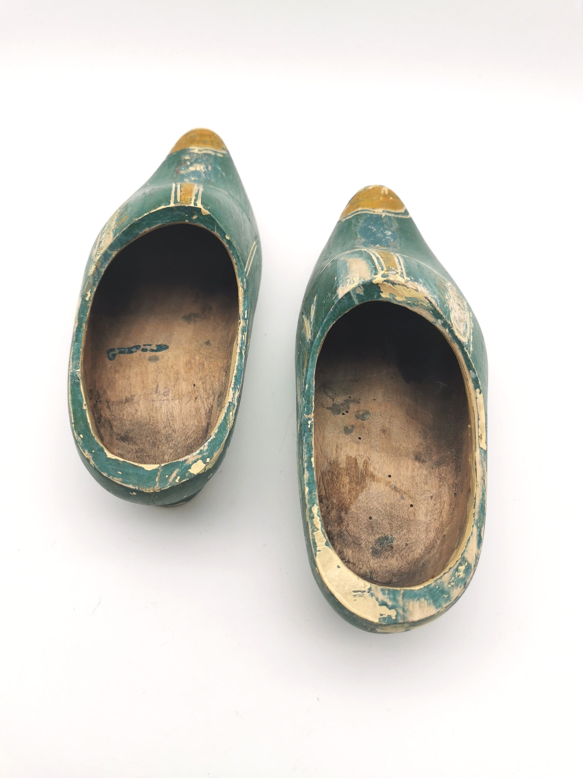 Vintage Green Hand-Painted Dutch Wooden Clogs, Distressed Teal Green