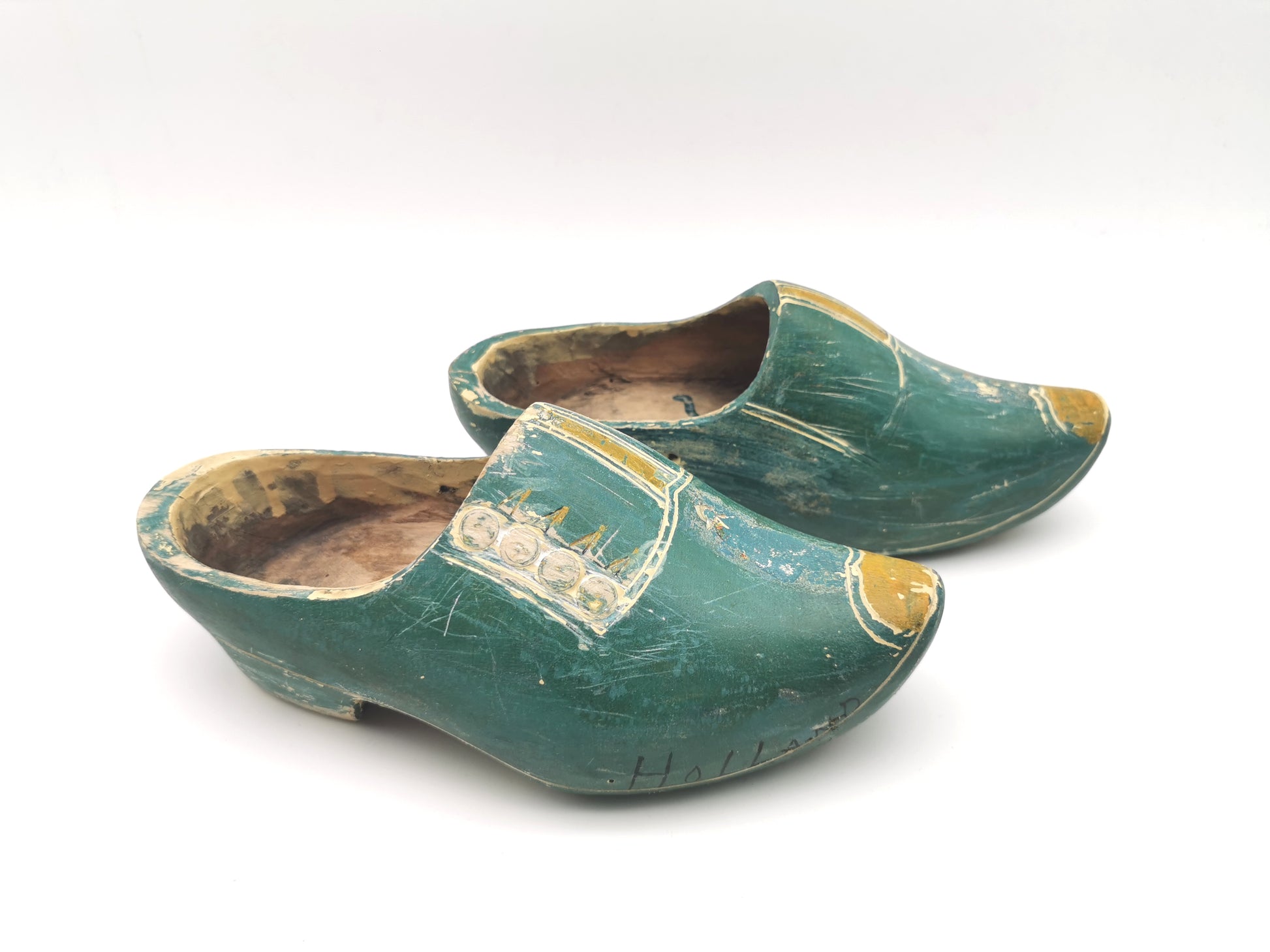 Vintage Green Hand-Painted Dutch Wooden Clogs, Distressed Teal Green