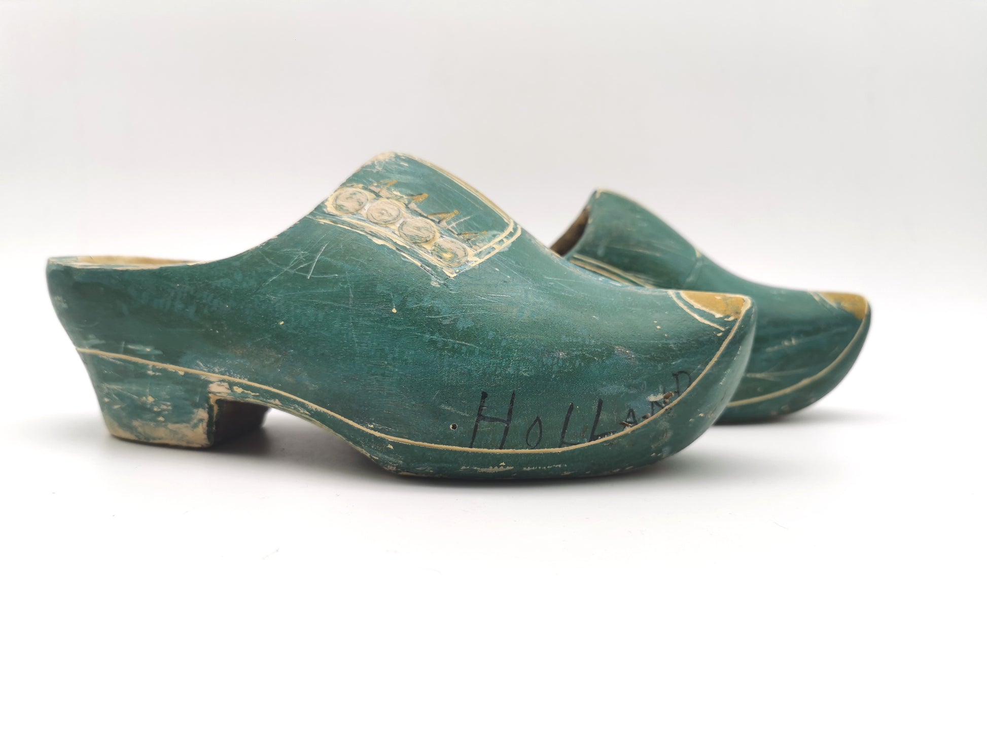 Vintage Green Hand-Painted Dutch Wooden Clogs, Distressed Teal Green