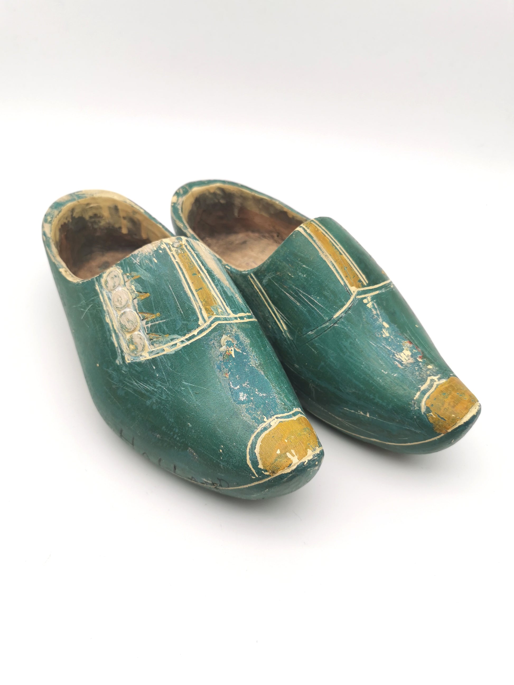 Vintage Green Hand-Painted Dutch Wooden Clogs, Distressed Teal Green