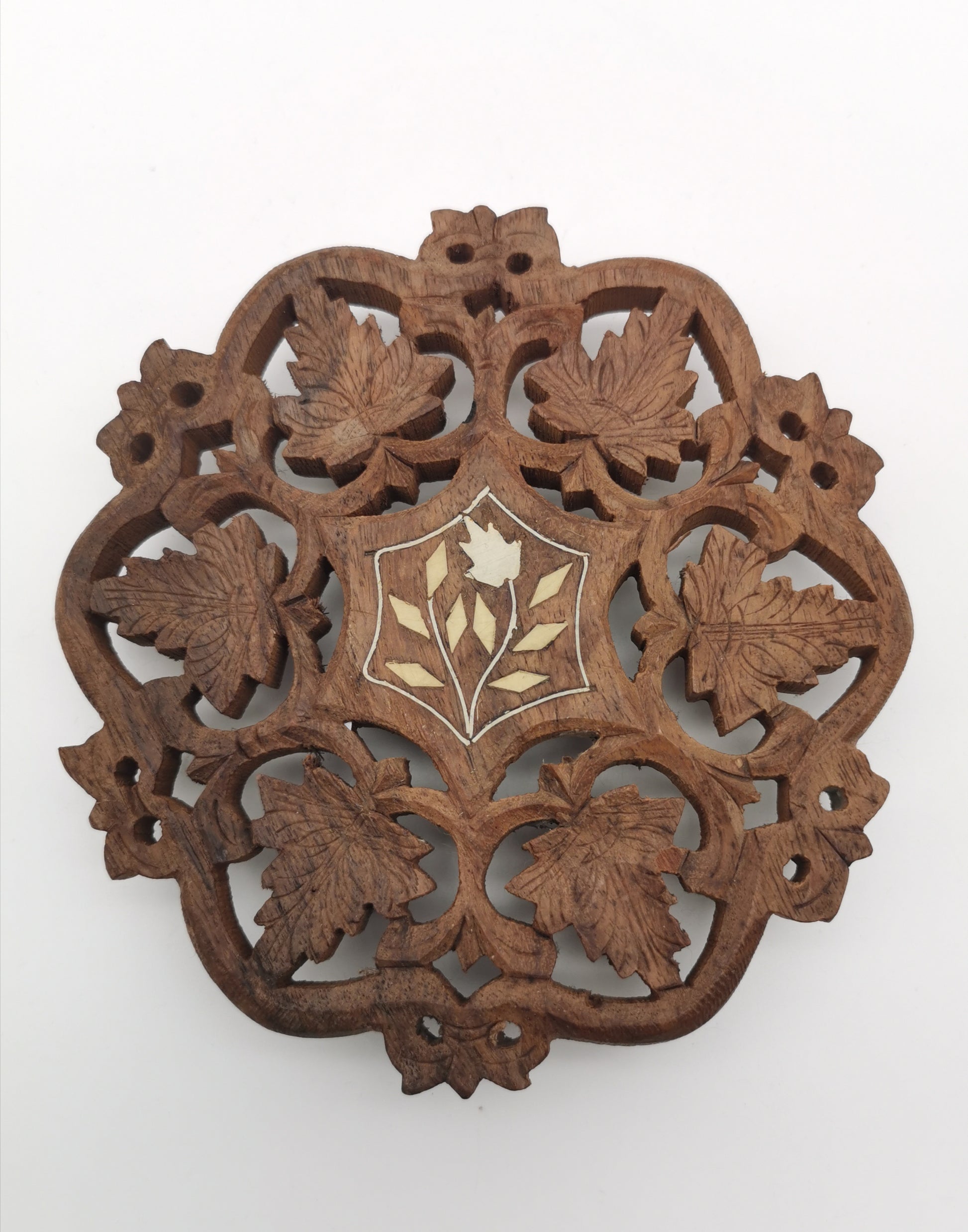 Vintage Indian Hand-Carved Wood Trivet with Bone Inlay.