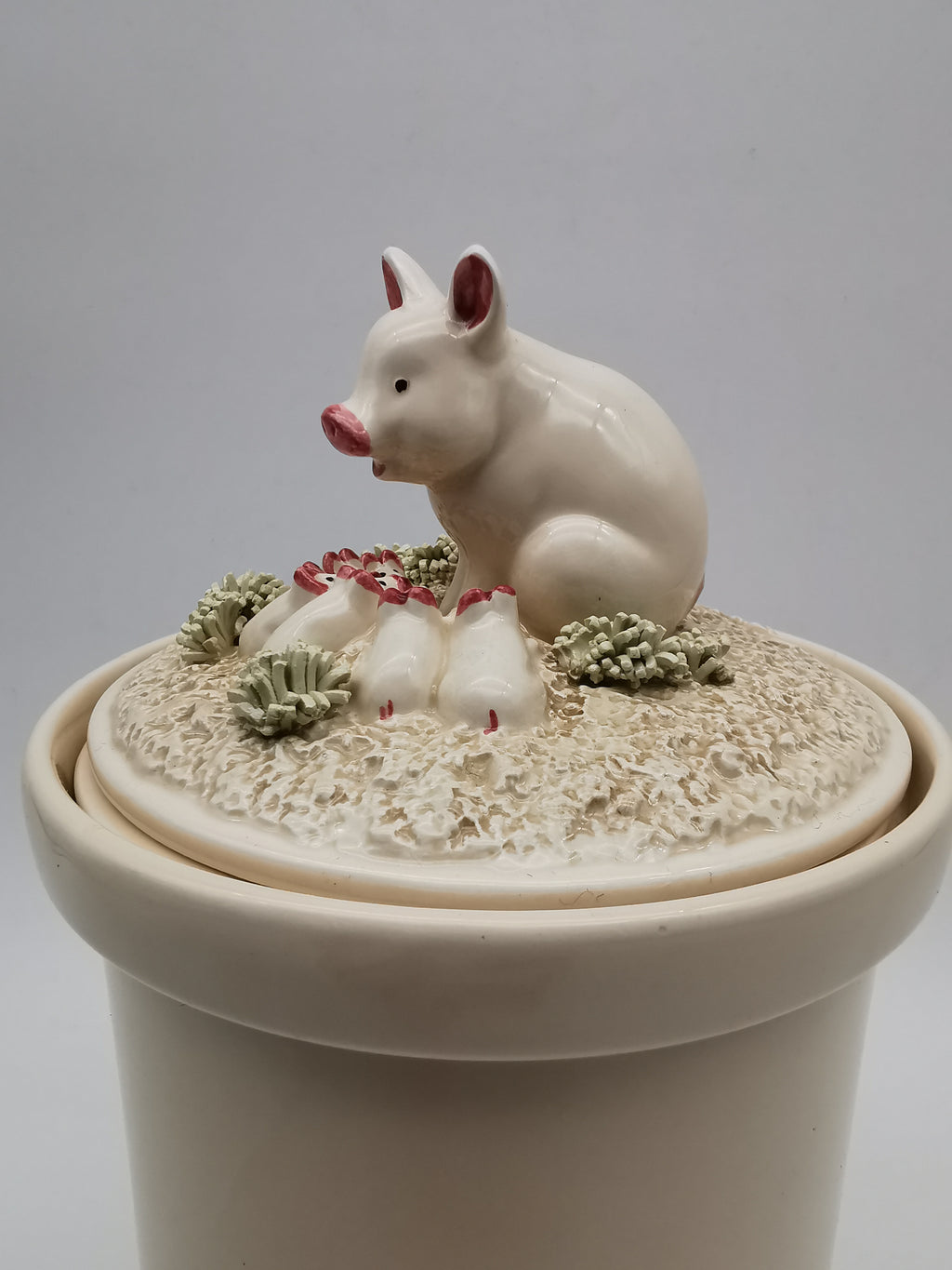 Vintage 1981 Fitz & Floyd "Country Day" Ceramic Pig Drippings Jar – Complete 3 Piece Set