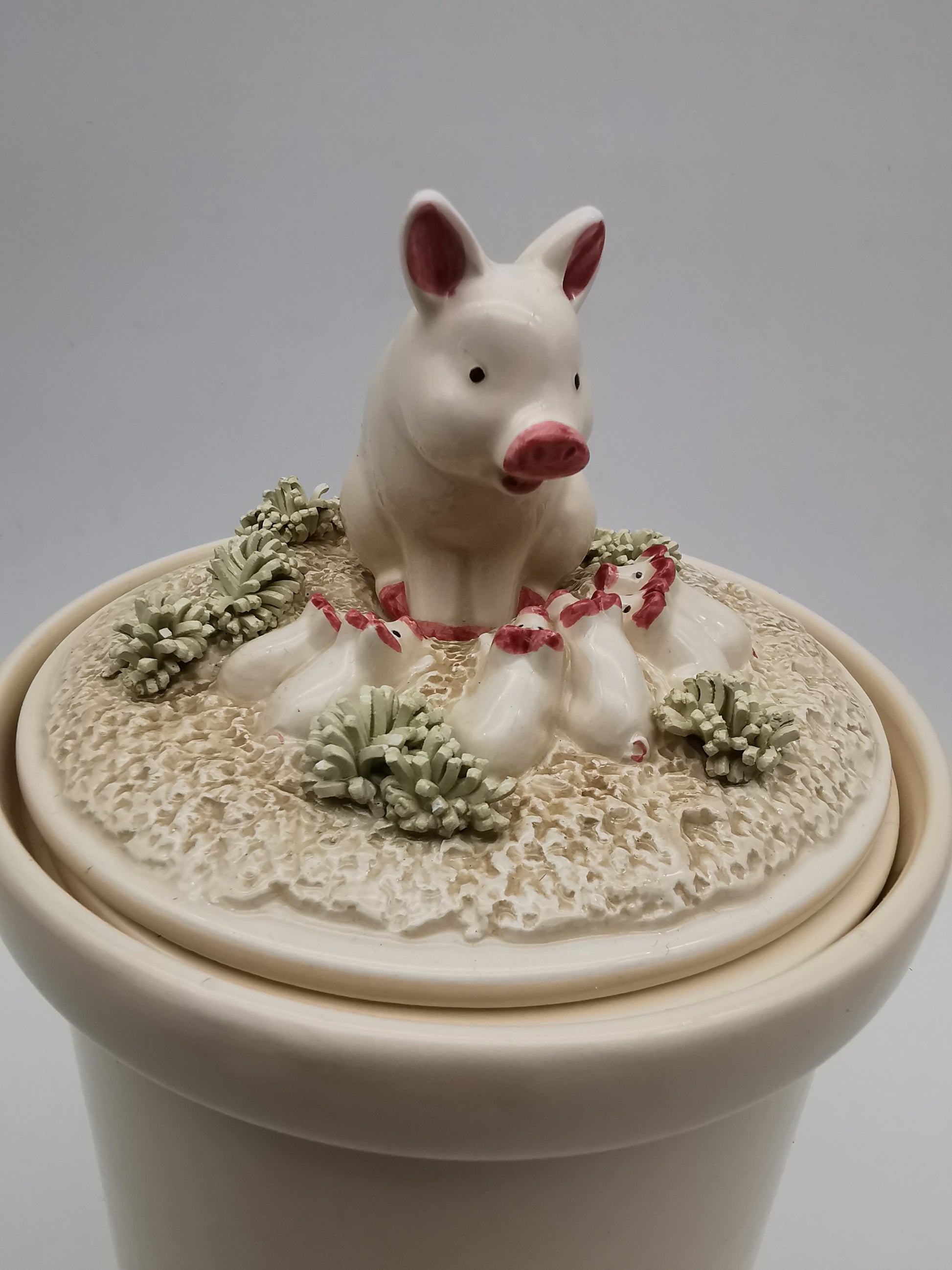 Vintage 1981 Fitz & Floyd "Country Day" Ceramic Pig Drippings Jar – Complete 3 Piece Set