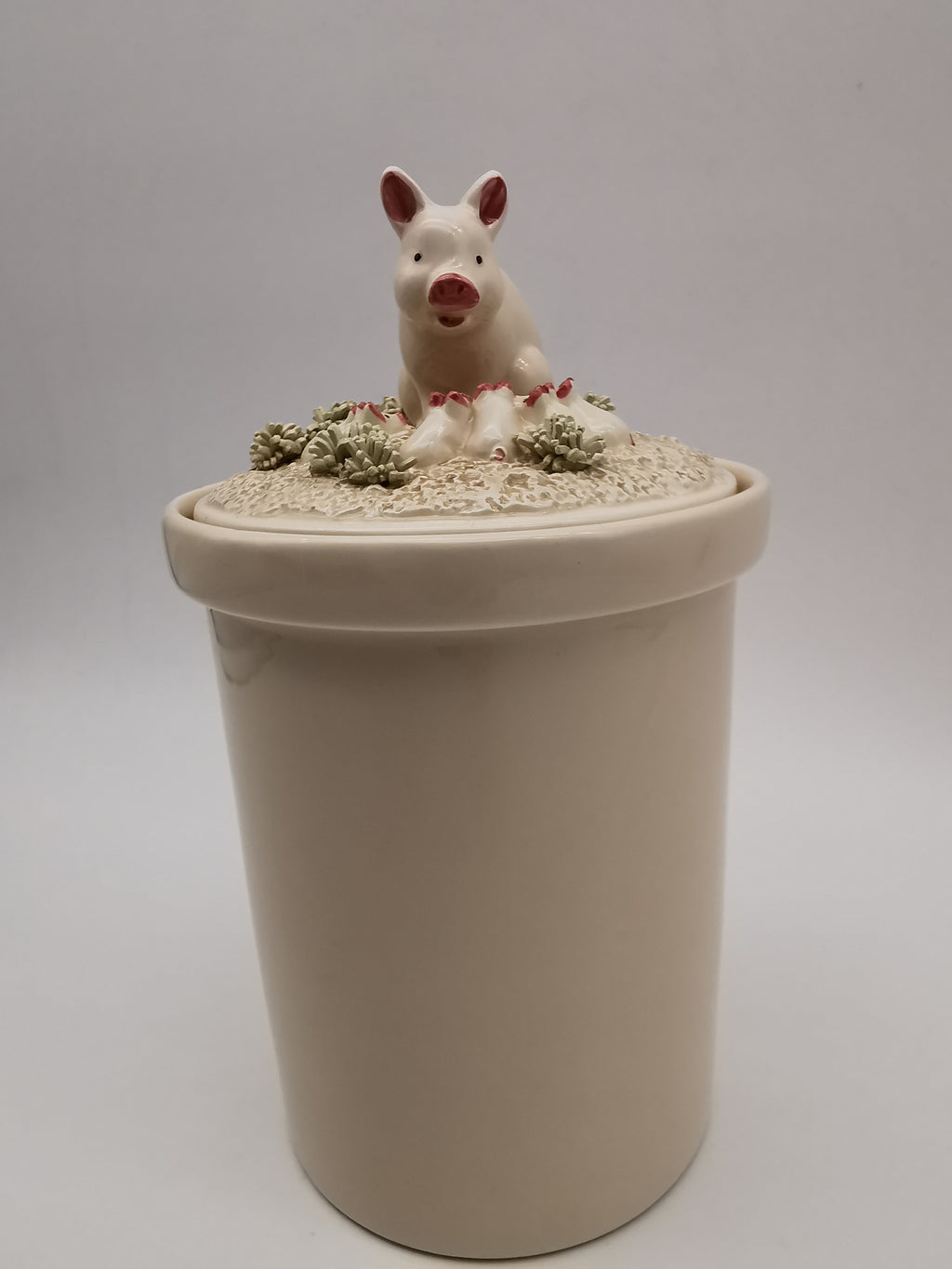 Vintage 1981 Fitz & Floyd "Country Day" Ceramic Pig Drippings Jar – Complete 3 Piece Set