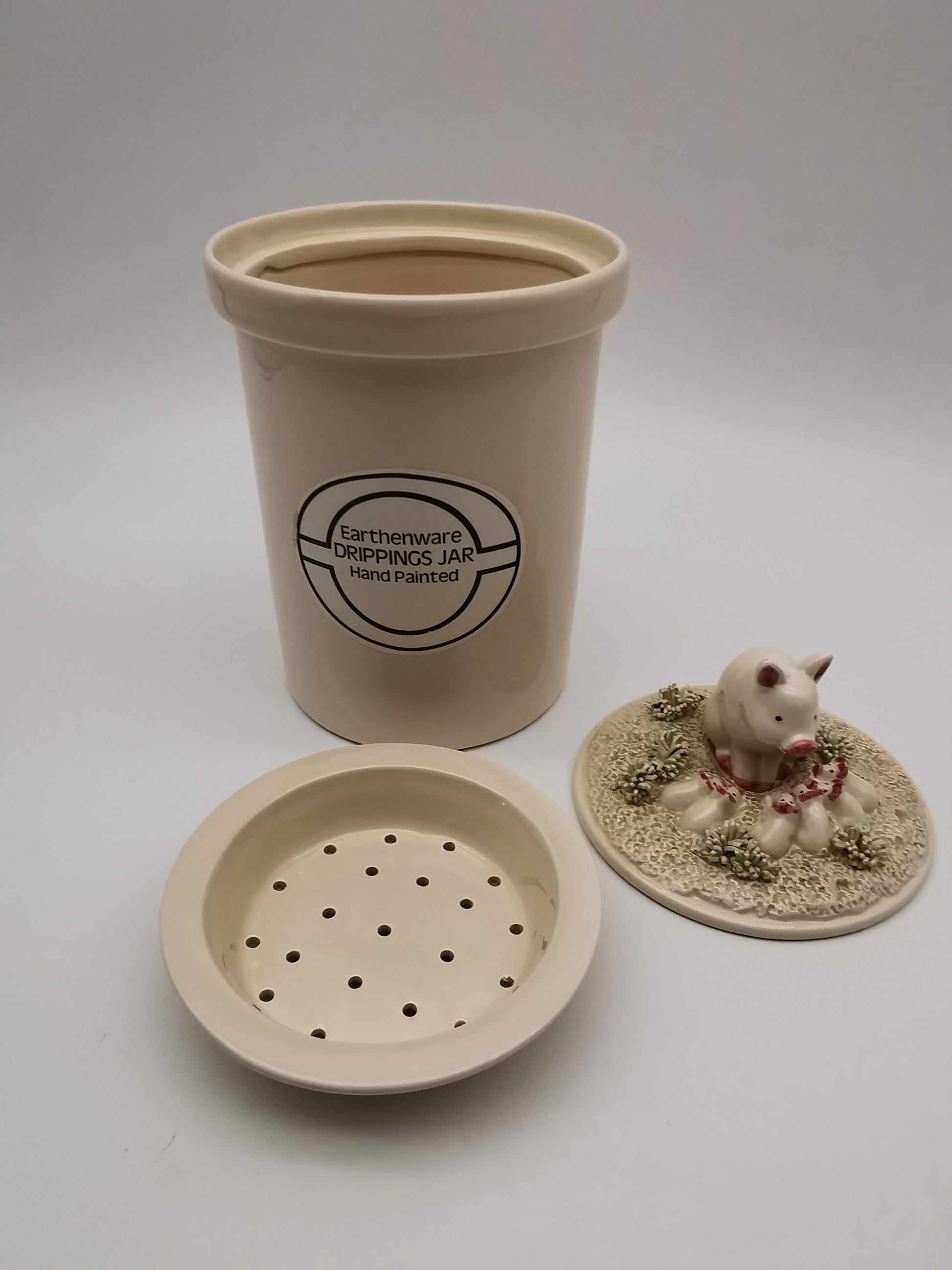 Vintage 1981 Fitz & Floyd "Country Day" Ceramic Pig Drippings Jar – Complete 3 Piece Set