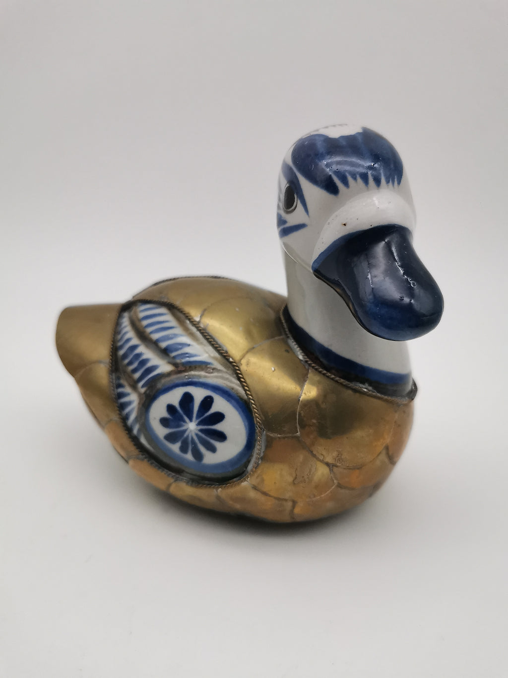 Vintage Mexican Tonalá Folk Art Ceramic & Armored Brass Duck Figurine – 1970s