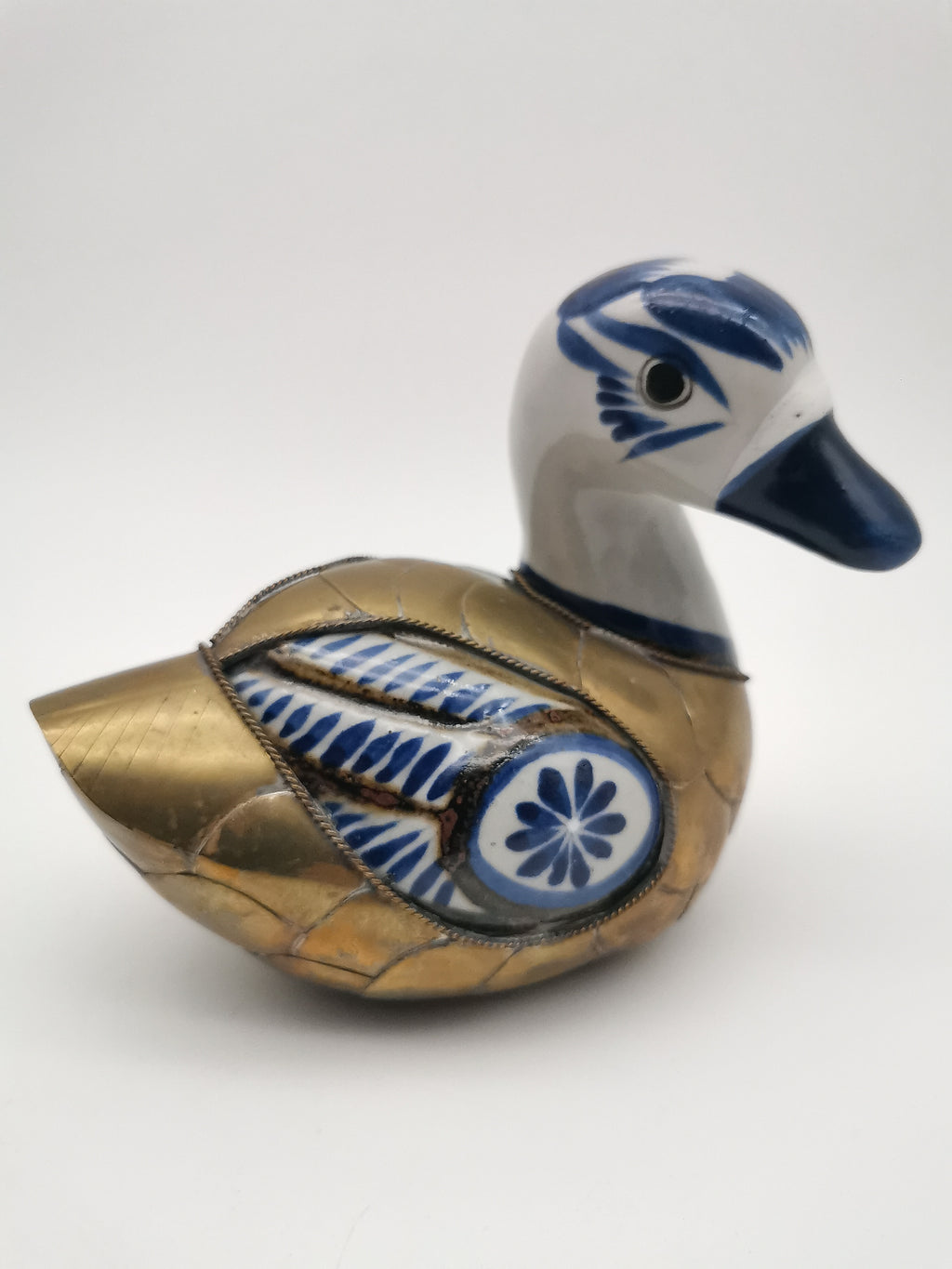 Vintage Mexican Tonalá Folk Art Ceramic & Armored Brass Duck Figurine – 1970s