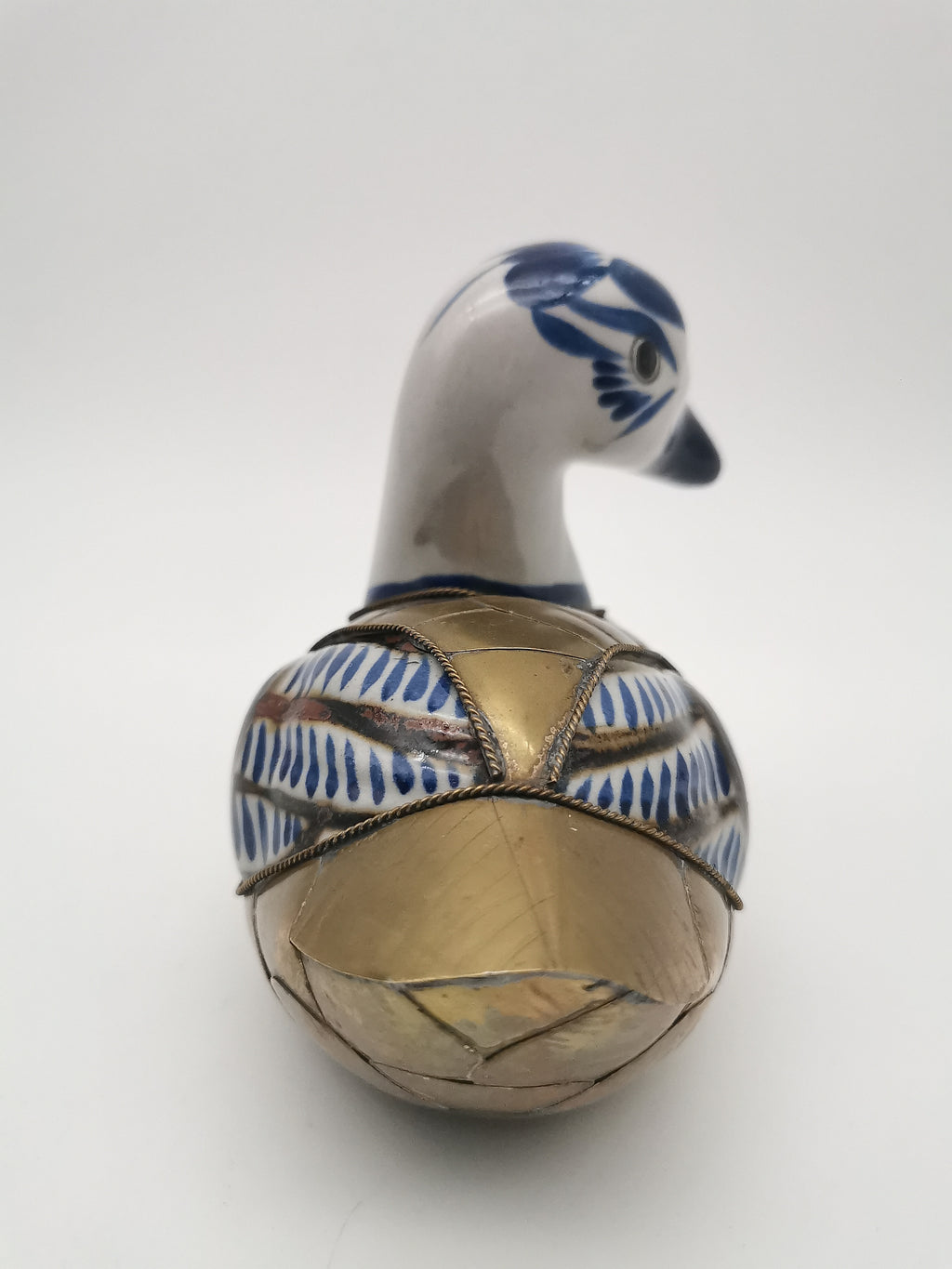 Vintage Mexican Tonalá Folk Art Ceramic & Armored Brass Duck Figurine – 1970s