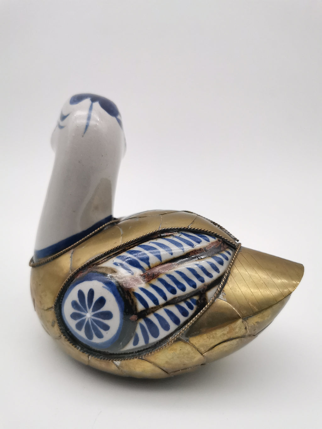 Vintage Mexican Tonalá Folk Art Ceramic & Armored Brass Duck Figurine – 1970s