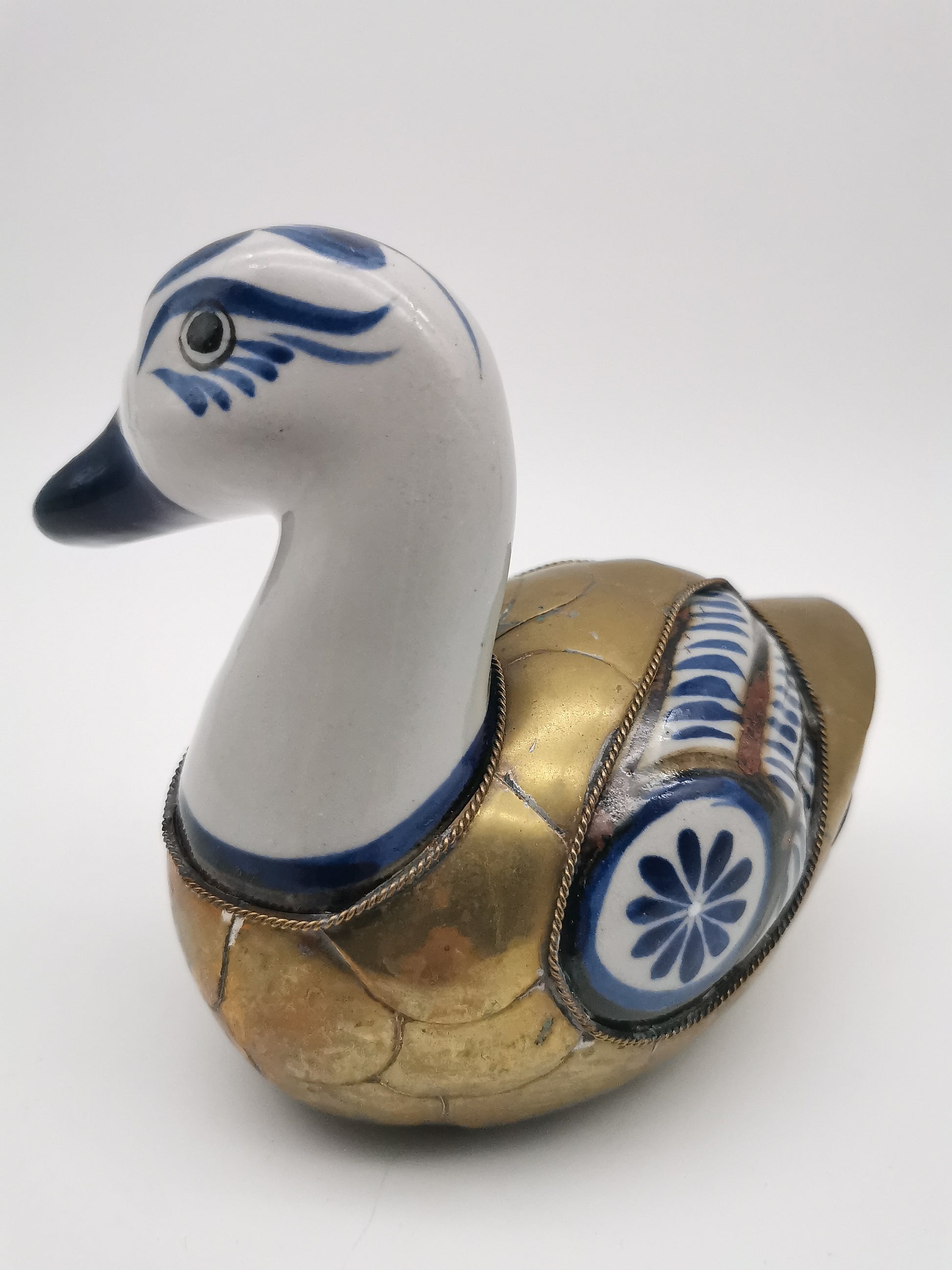 Vintage Mexican Tonalá Folk Art Ceramic & Armored Brass Duck Figurine – 1970s