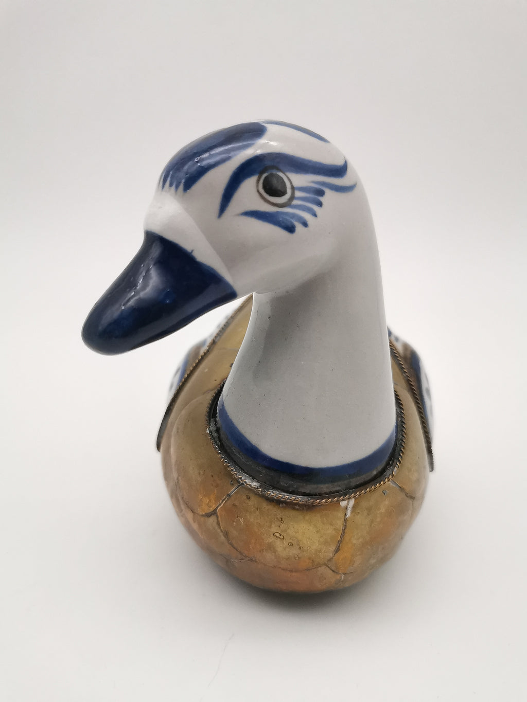 Vintage Mexican Tonalá Folk Art Ceramic & Armored Brass Duck Figurine – 1970s
