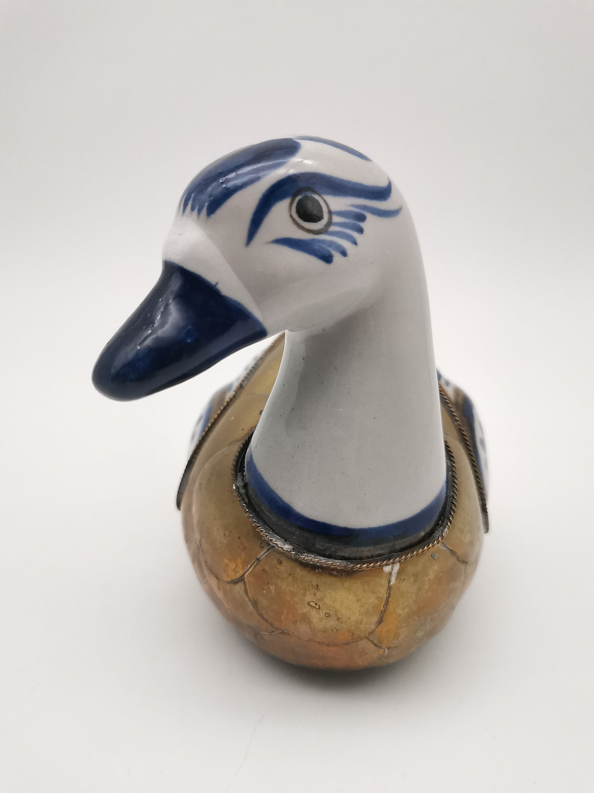 Vintage Mexican Tonalá Folk Art Ceramic & Armored Brass Duck Figurine – 1970s
