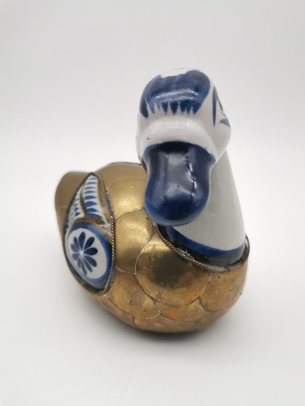 Vintage Mexican Tonalá Folk Art Ceramic & Armored Brass Duck Figurine – 1970s