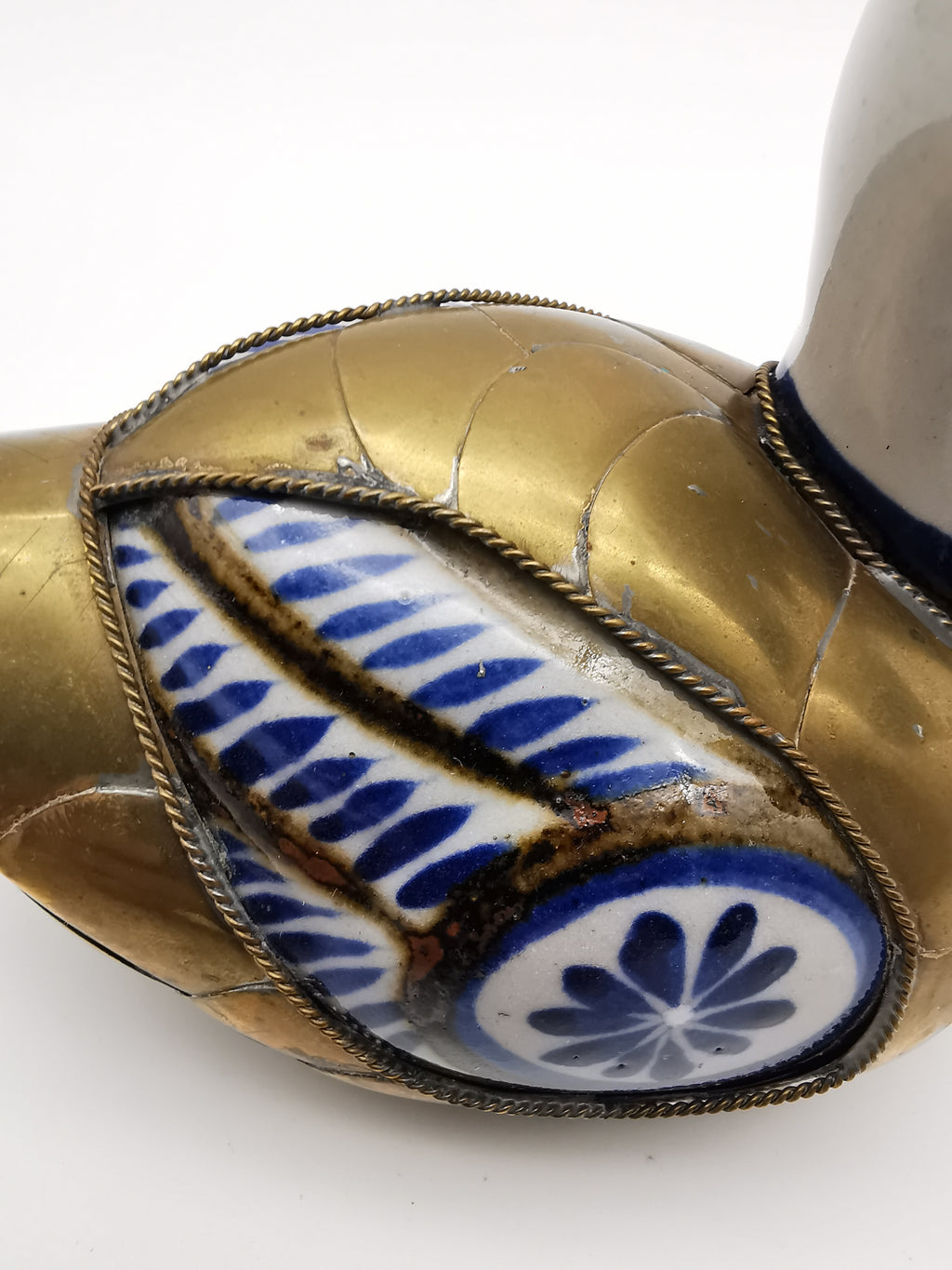 Vintage Mexican Tonalá Folk Art Ceramic & Armored Brass Duck Figurine – 1970s