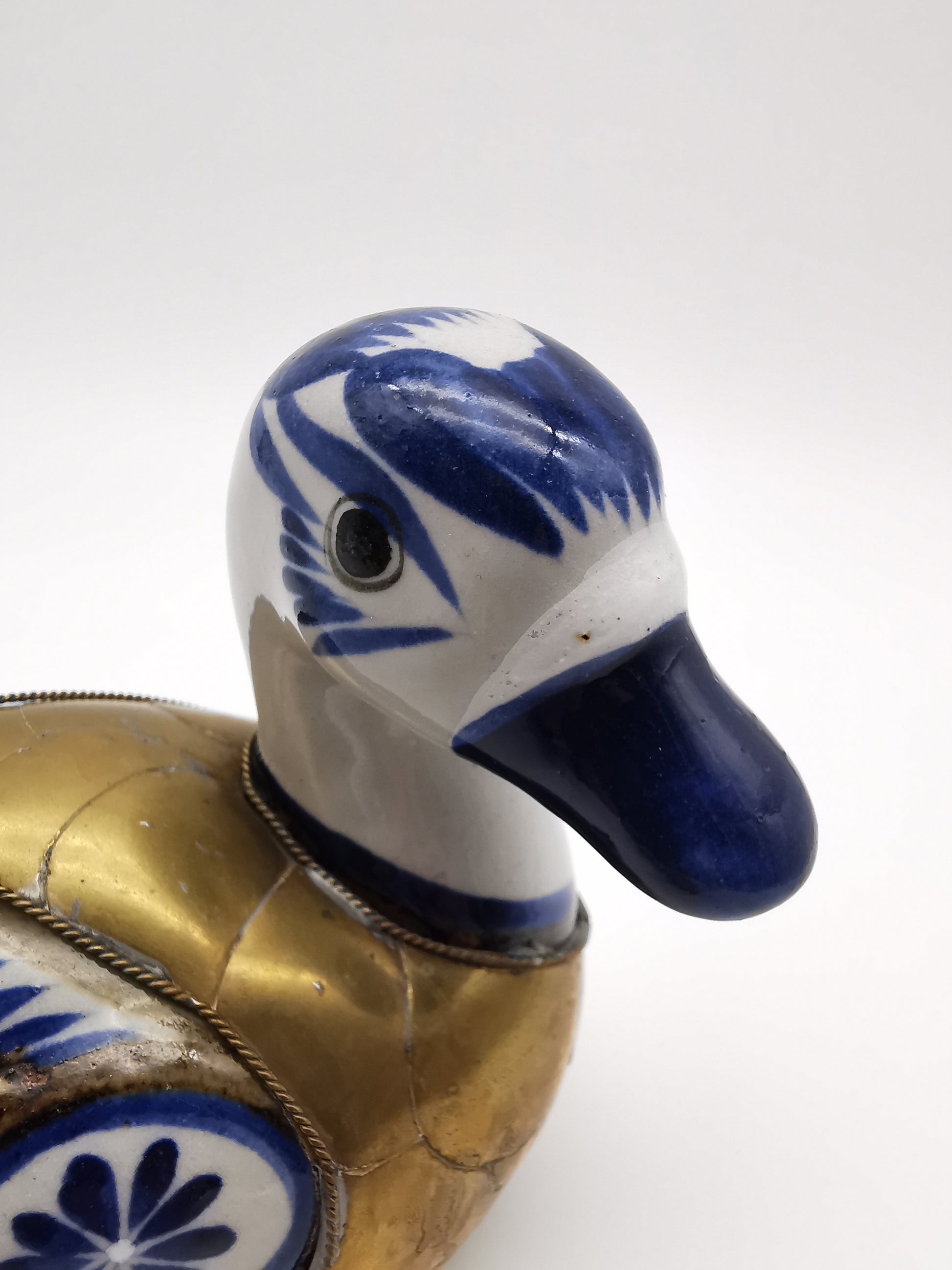 Vintage Mexican Tonalá Folk Art Ceramic & Armored Brass Duck Figurine – 1970s
