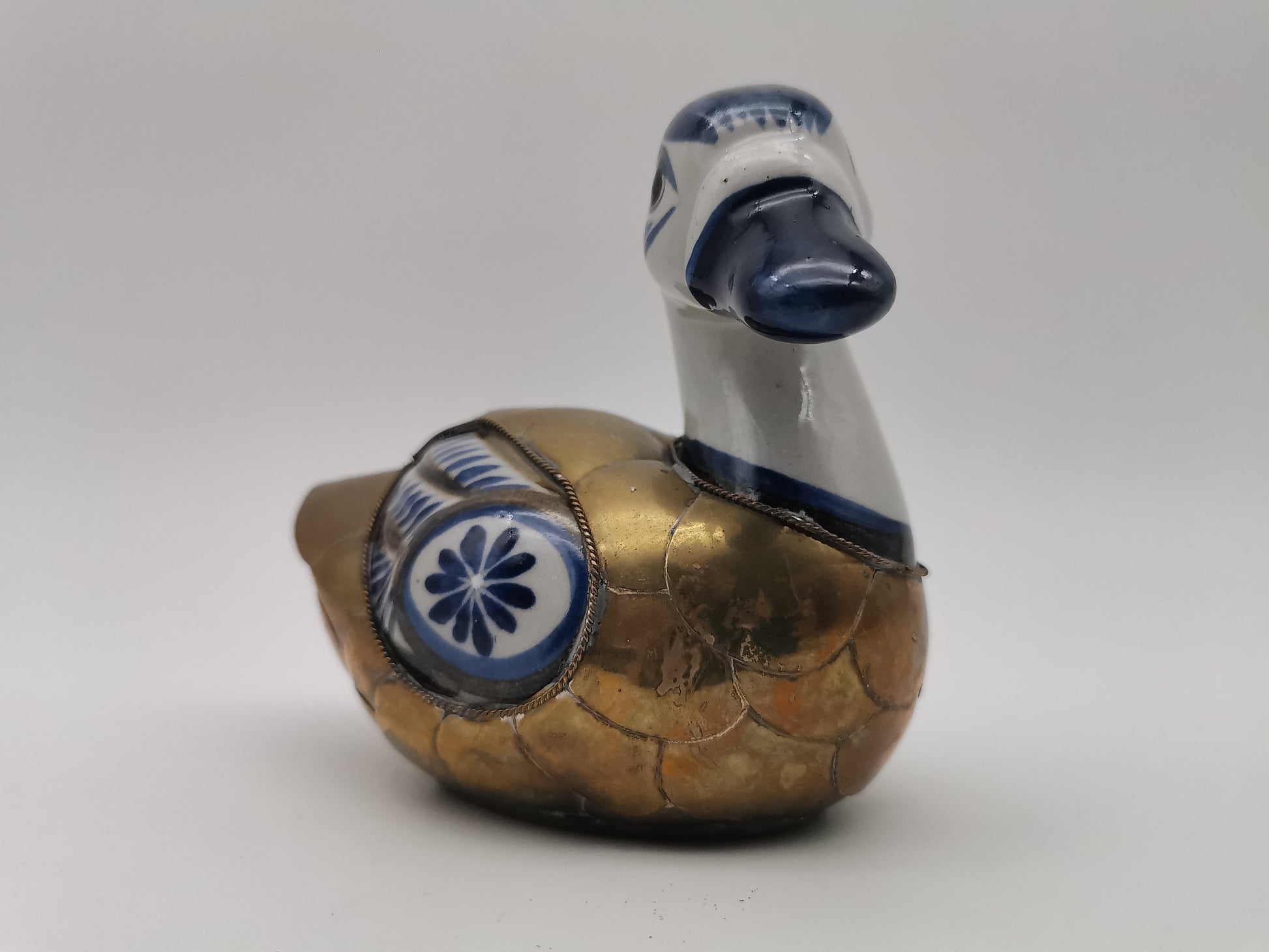 Vintage Mexican Tonalá Folk Art Ceramic & Armored Brass Duck Figurine – 1970s