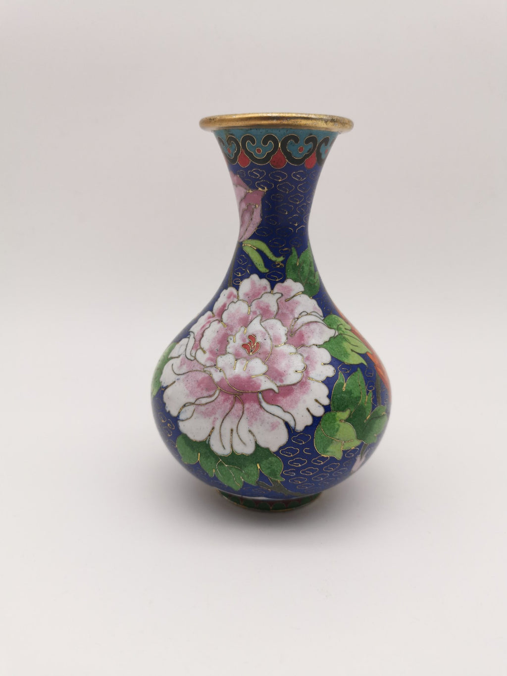 Vintage Chinese Cloisonné Cobalt Blue Vase - Bird, Peonies and Lucky Gourds - 15.5cm tall