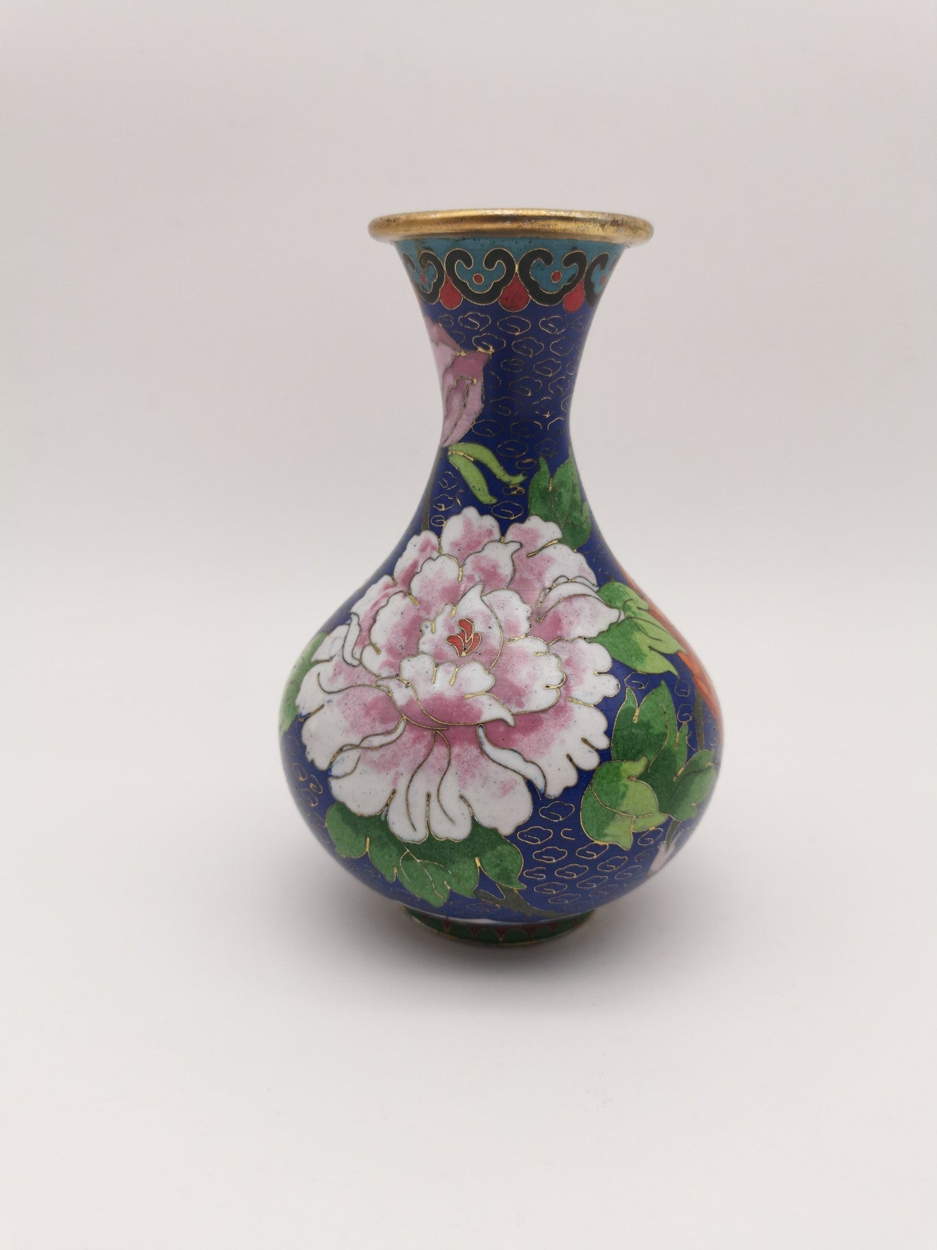Vintage Chinese Cloisonné Cobalt Blue Vase - Bird, Peonies and Lucky Gourds - 15.5cm tall