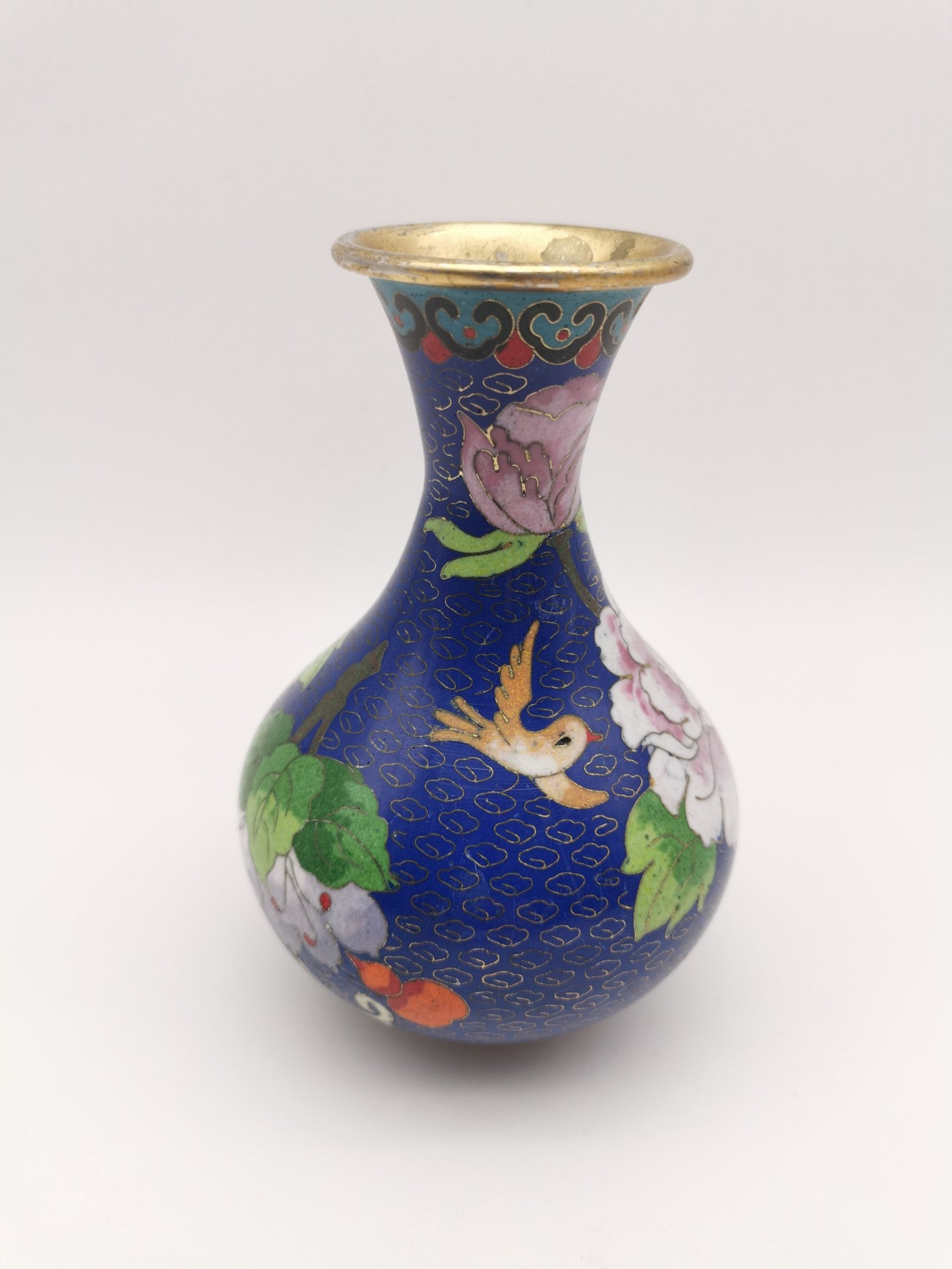 Vintage Chinese Cloisonné Cobalt Blue Vase - Bird, Peonies and Lucky Gourds - 15.5cm tall