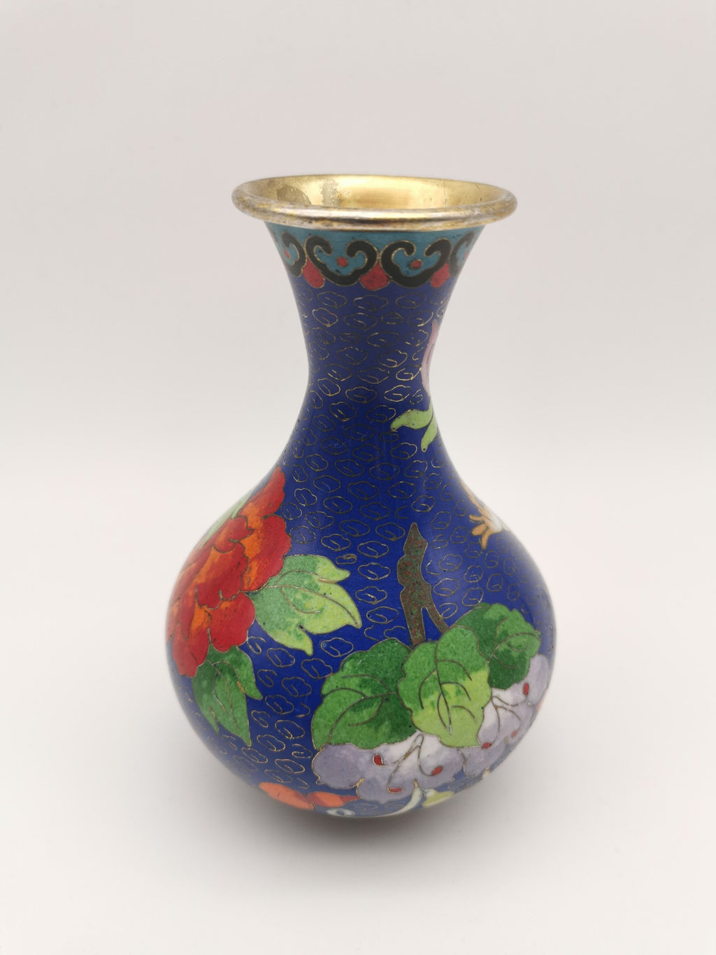 Vintage Chinese Cloisonné Cobalt Blue Vase - Bird, Peonies and Lucky Gourds - 15.5cm tall