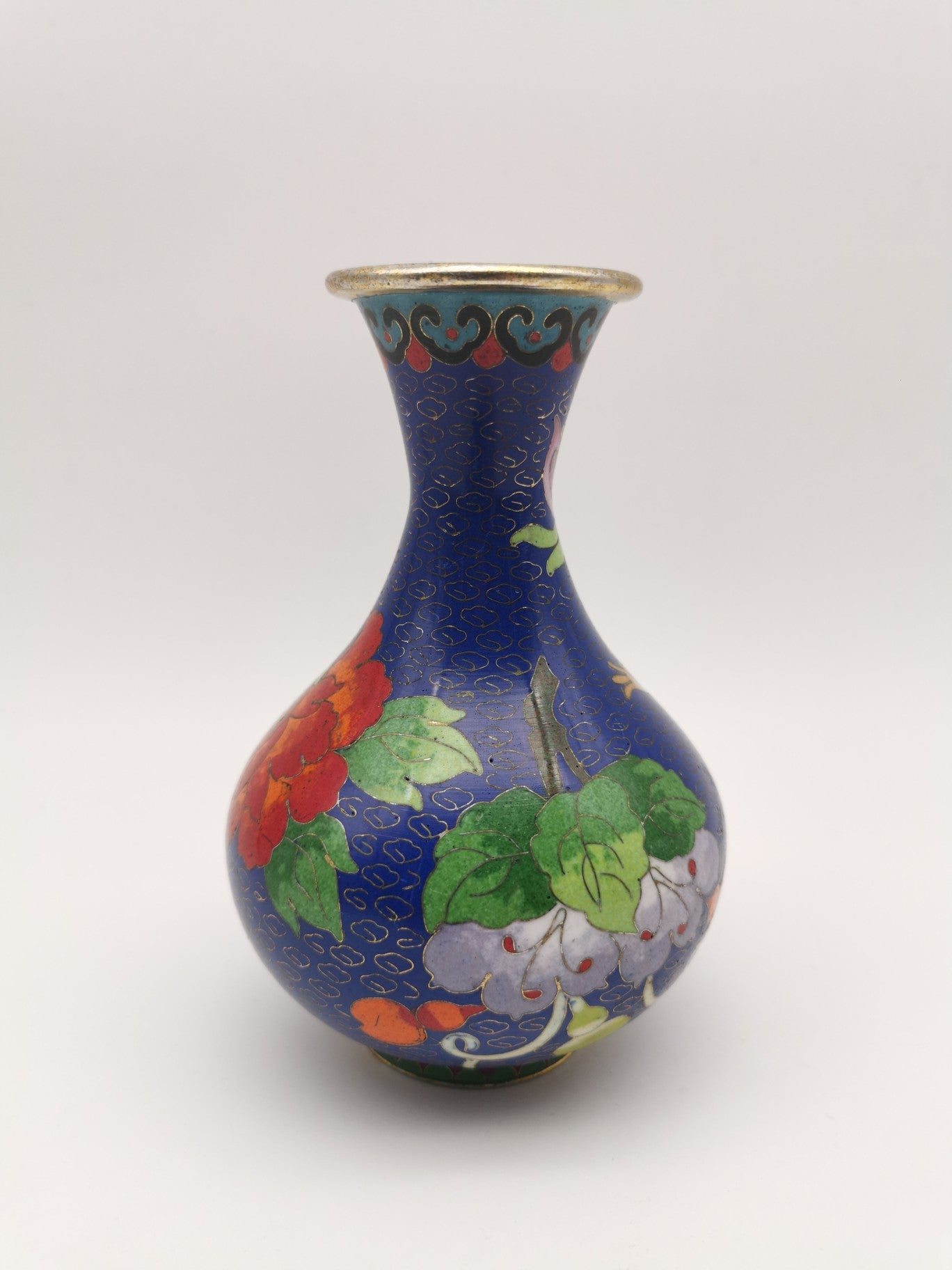 Vintage Chinese Cloisonné Cobalt Blue Vase - Bird, Peonies and Lucky Gourds - 15.5cm tall