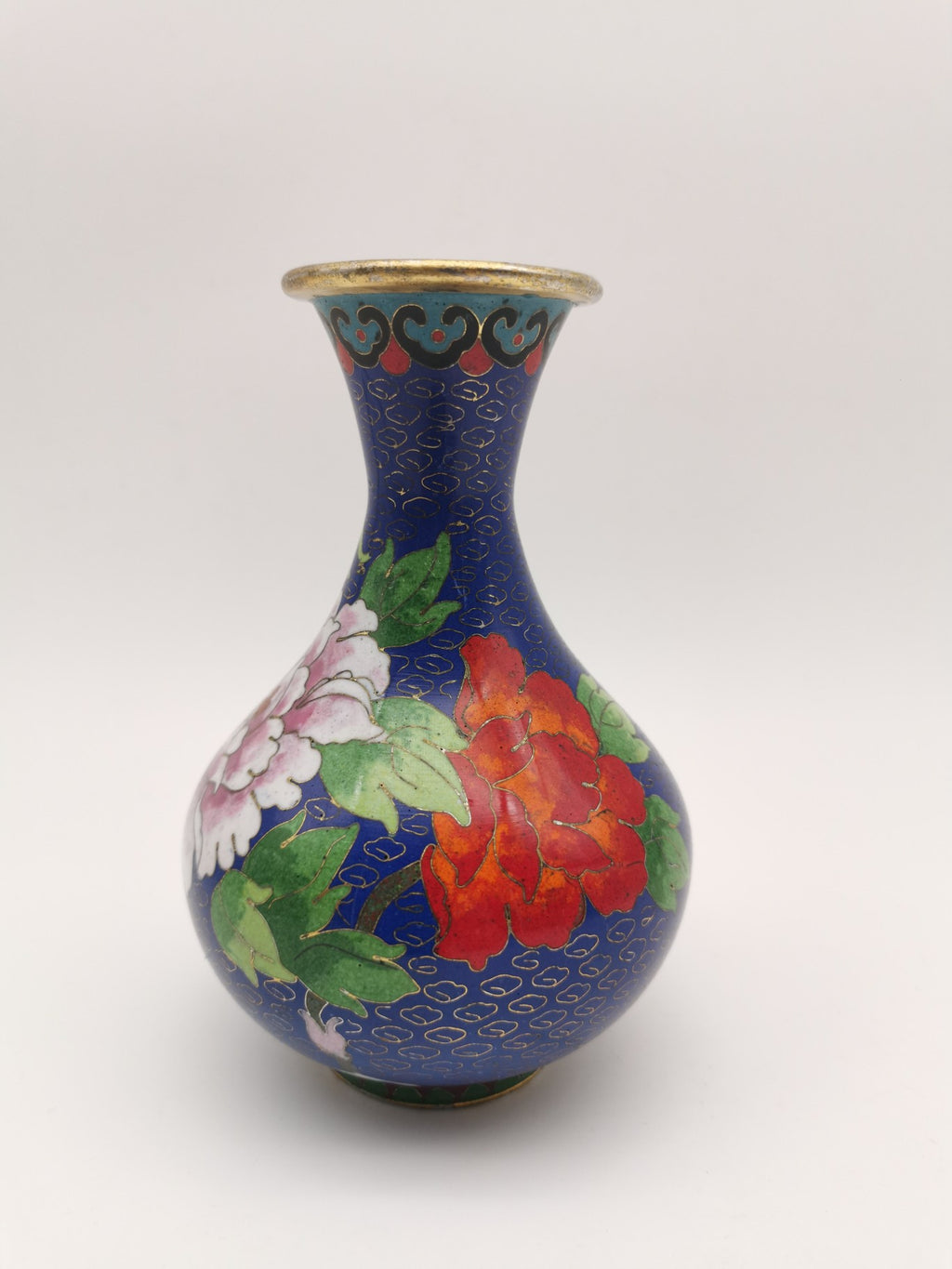 Vintage Chinese Cloisonné Cobalt Blue Vase - Bird, Peonies and Lucky Gourds - 15.5cm tall