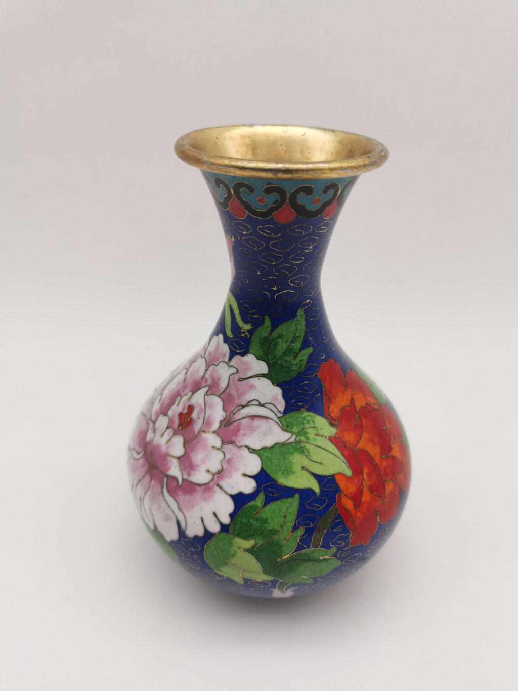 Vintage Chinese Cloisonné Cobalt Blue Vase - Bird, Peonies and Lucky Gourds - 15.5cm tall