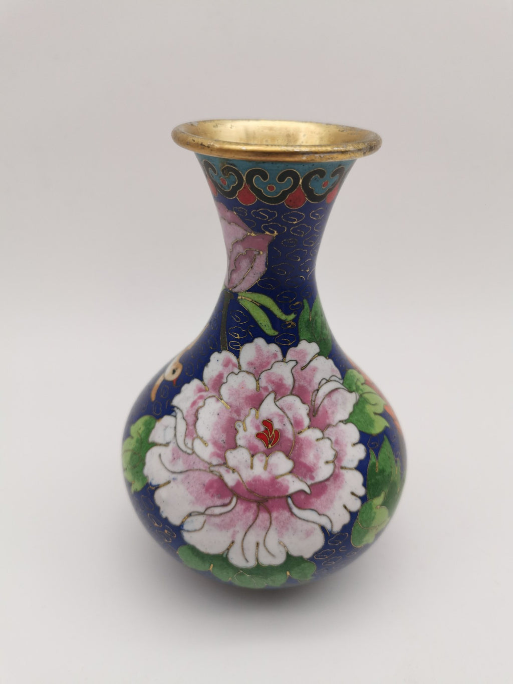 Vintage Chinese Cloisonné Cobalt Blue Vase - Bird, Peonies and Lucky Gourds - 15.5cm tall