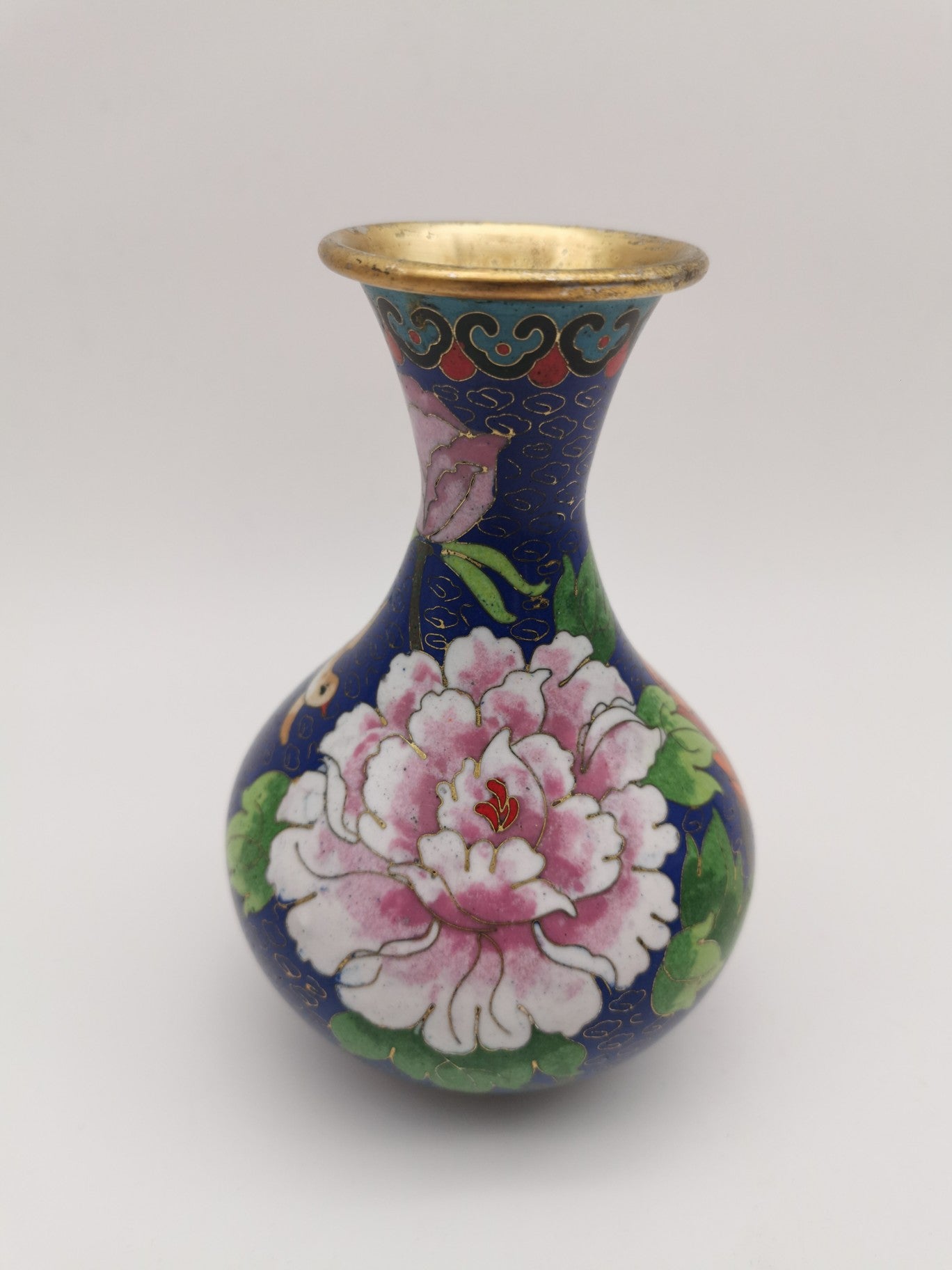 Vintage Chinese Cloisonné Cobalt Blue Vase - Bird, Peonies and Lucky Gourds - 15.5cm tall