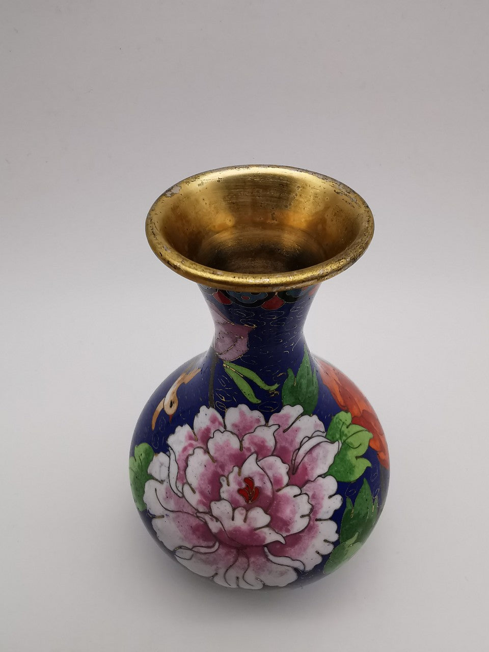 Vintage Chinese Cloisonné Cobalt Blue Vase - Bird, Peonies and Lucky Gourds - 15.5cm tall