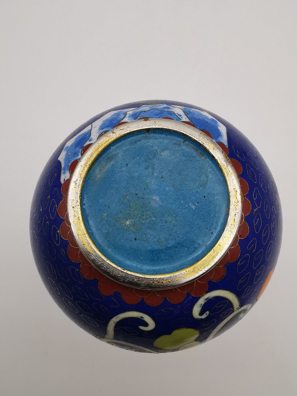 Vintage Chinese Cloisonné Cobalt Blue Vase - Bird, Peonies and Lucky Gourds - 15.5cm tall