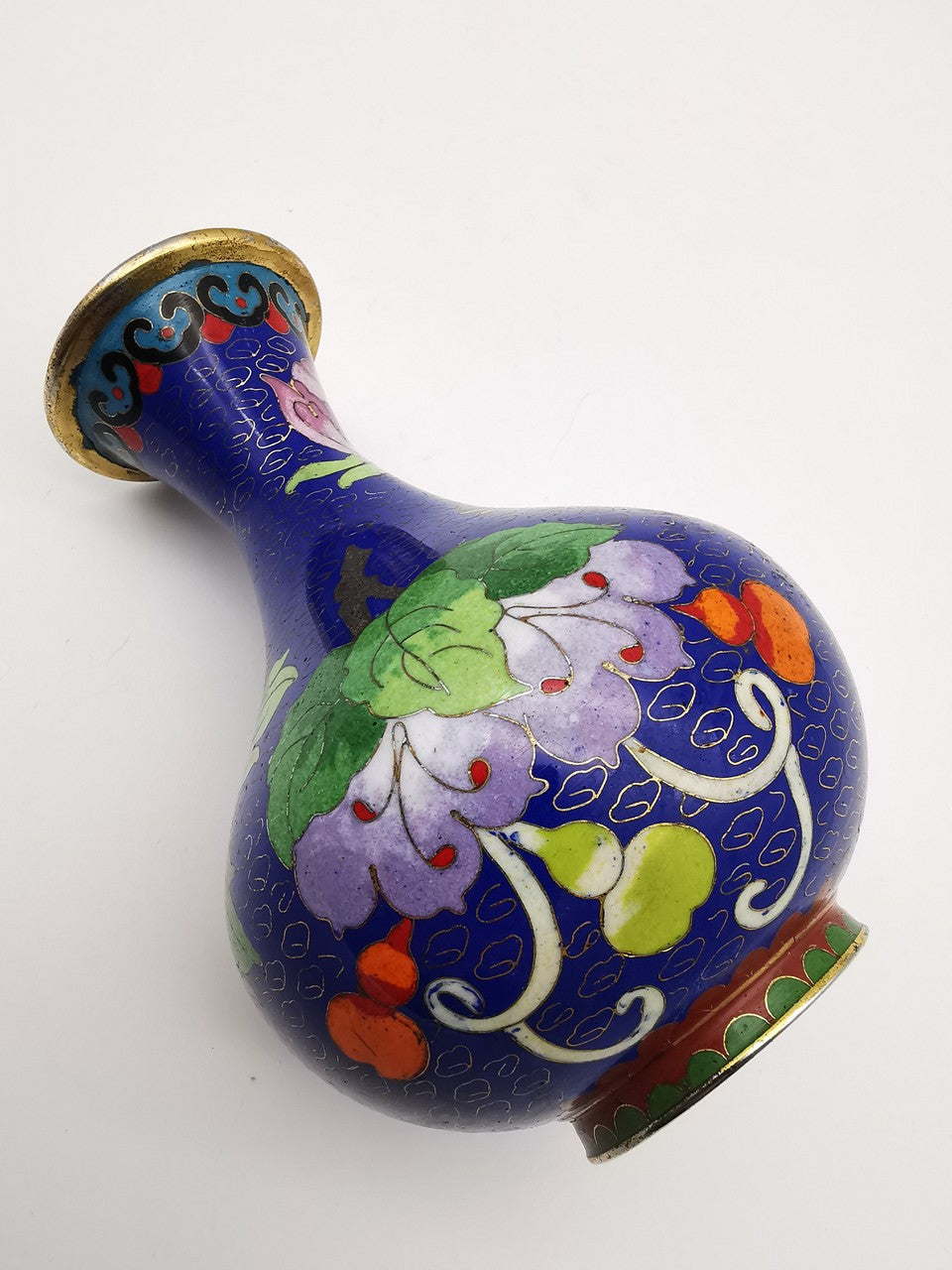 Vintage Chinese Cloisonné Cobalt Blue Vase - Bird, Peonies and Lucky Gourds - 15.5cm tall