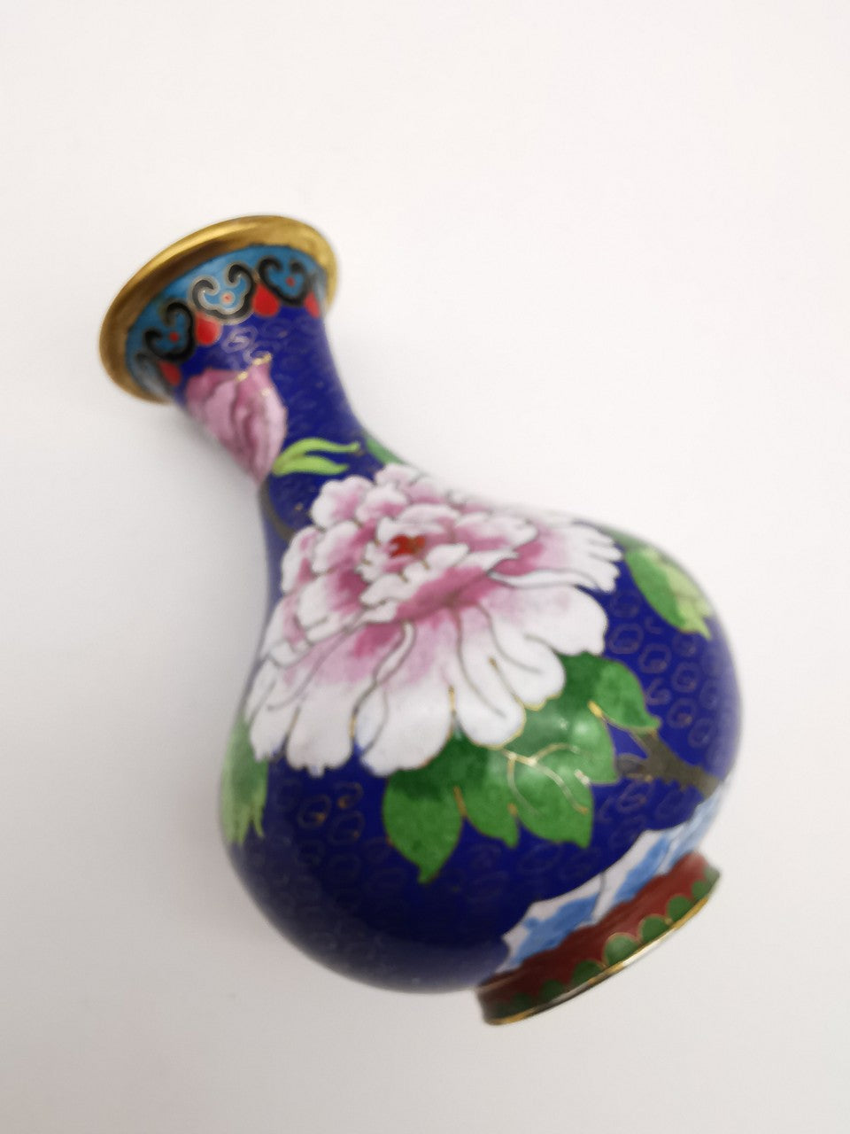 Vintage Chinese Cloisonné Cobalt Blue Vase - Bird, Peonies and Lucky Gourds - 15.5cm tall