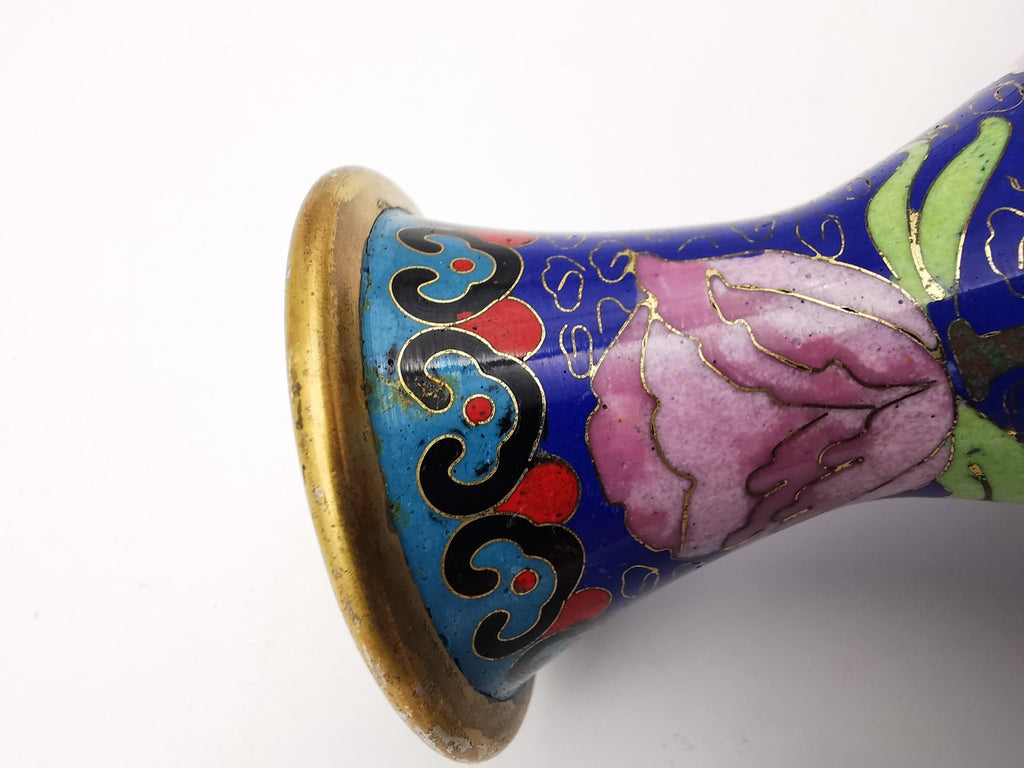 Vintage Chinese Cloisonné Cobalt Blue Vase - Bird, Peonies and Lucky Gourds - 15.5cm tall