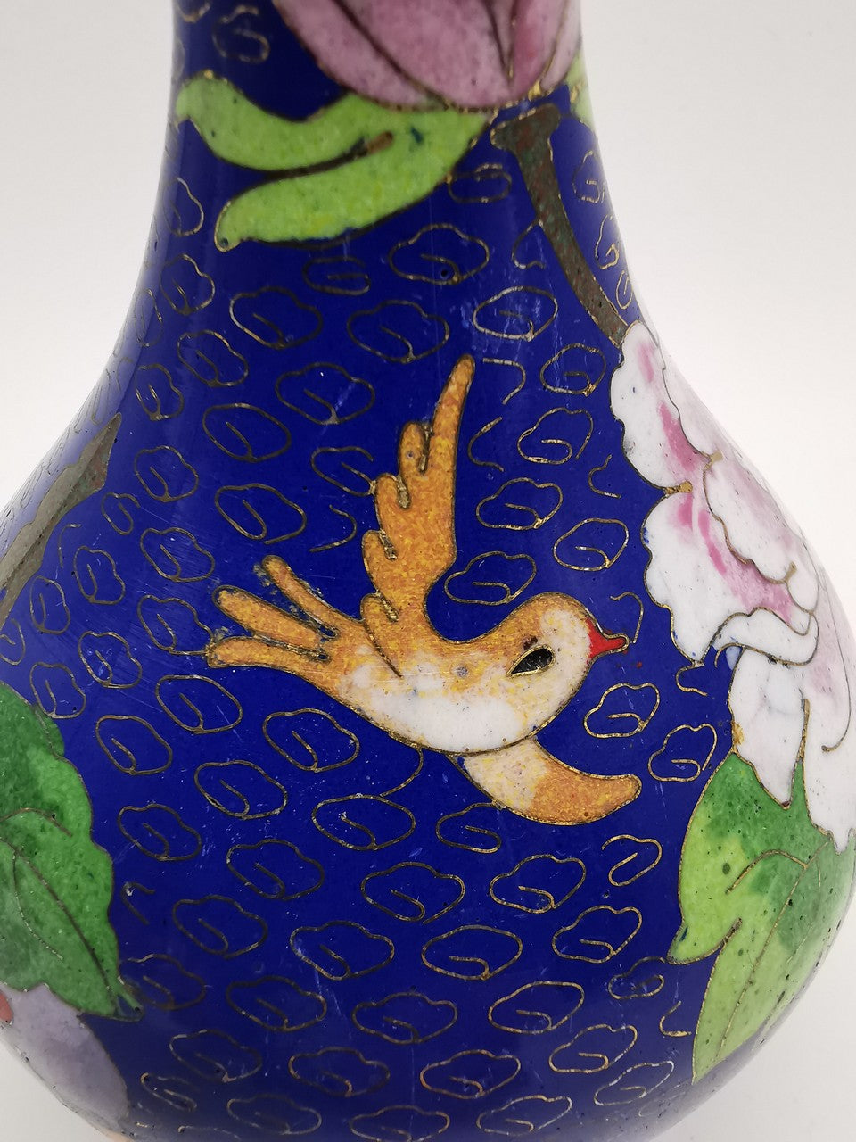 Vintage Chinese Cloisonné Cobalt Blue Vase - Bird, Peonies and Lucky Gourds - 15.5cm tall