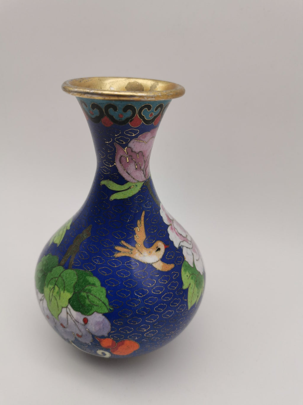 Vintage Chinese Cloisonné Cobalt Blue Vase - Bird, Peonies and Lucky Gourds - 15.5cm tall