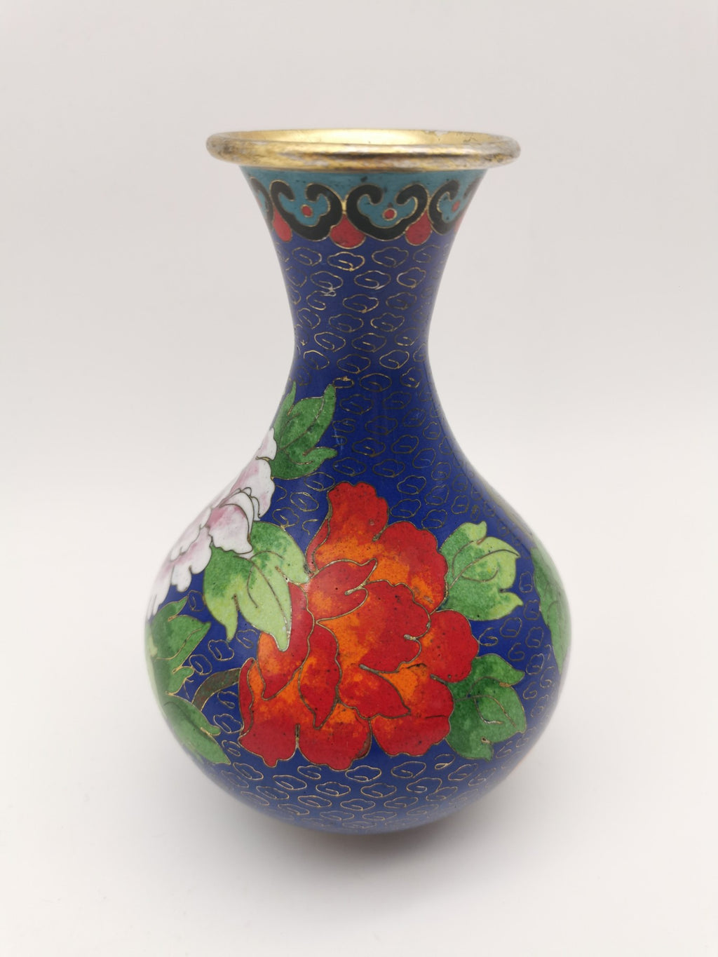 Vintage Chinese Cloisonné Cobalt Blue Vase - Bird, Peonies and Lucky Gourds - 15.5cm tall