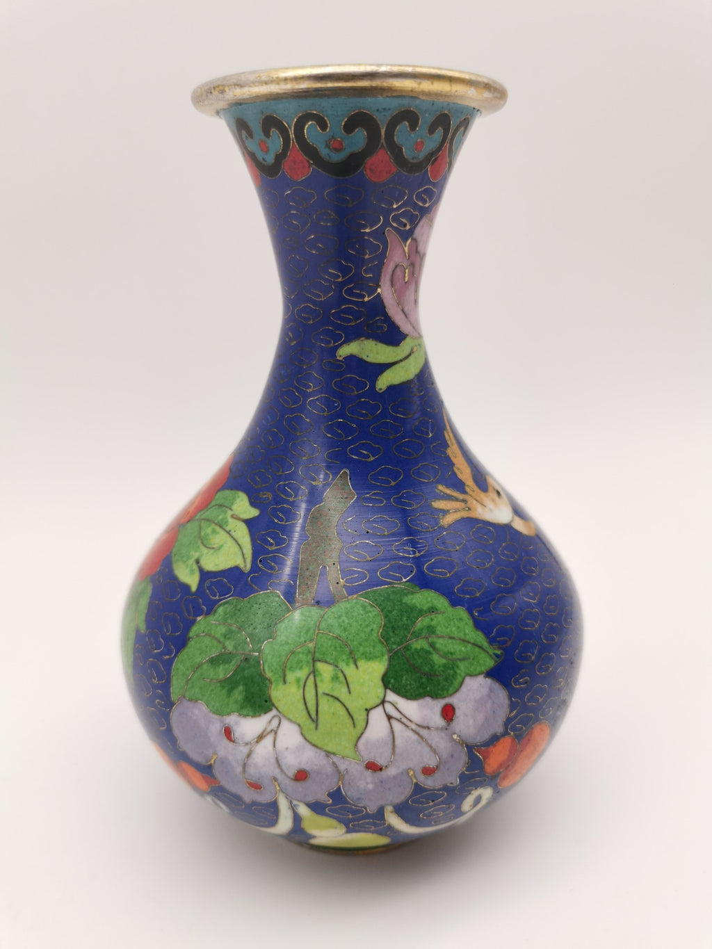 Vintage Chinese Cloisonné Cobalt Blue Vase - Bird, Peonies and Lucky Gourds - 15.5cm tall