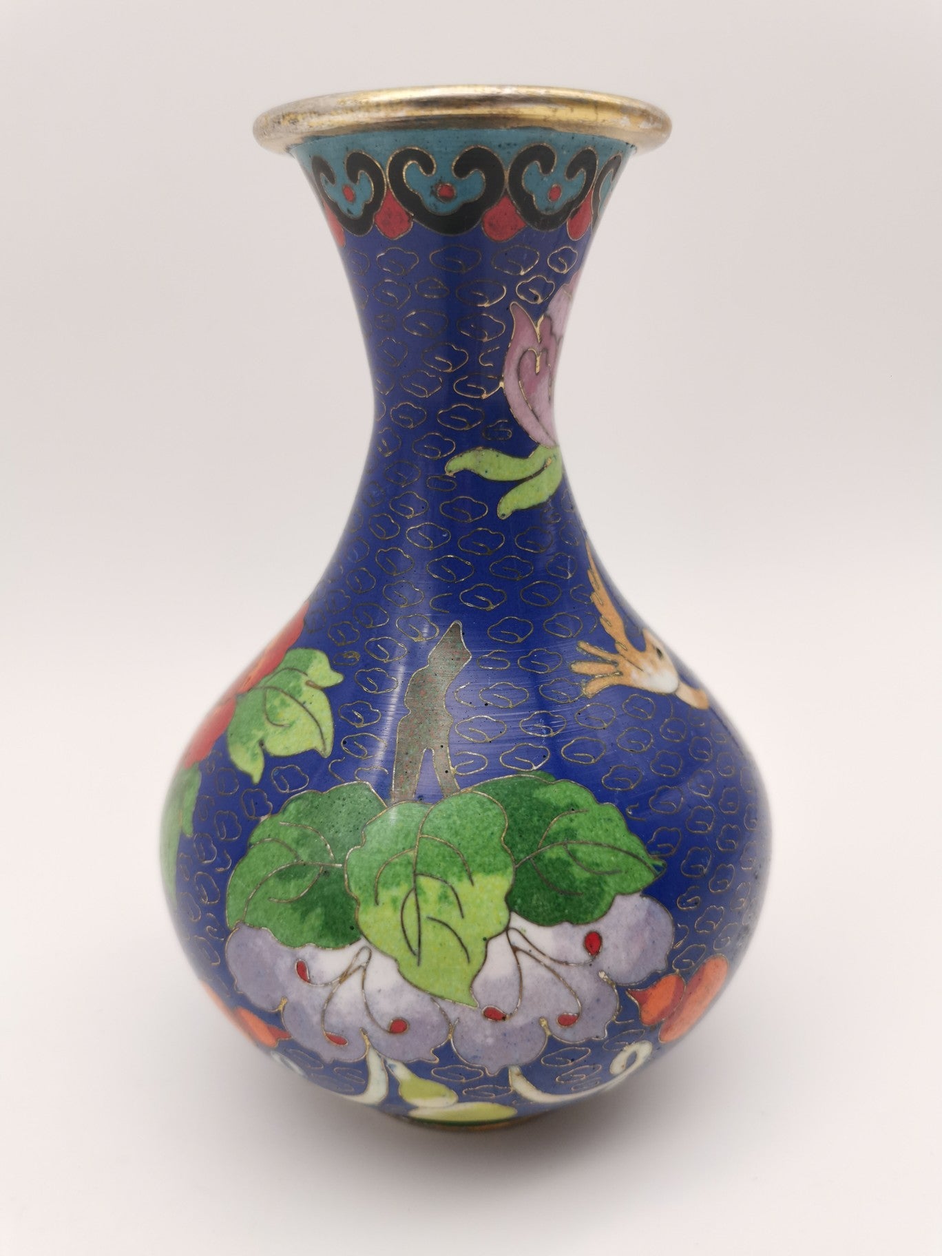 Vintage Chinese Cloisonné Cobalt Blue Vase - Bird, Peonies and Lucky Gourds - 15.5cm tall
