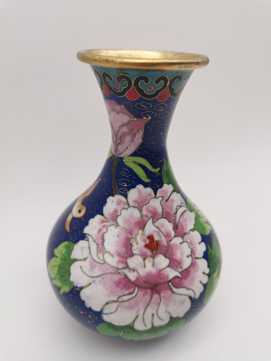 Vintage Chinese Cloisonné Cobalt Blue Vase - Bird, Peonies and Lucky Gourds - 15.5cm tall