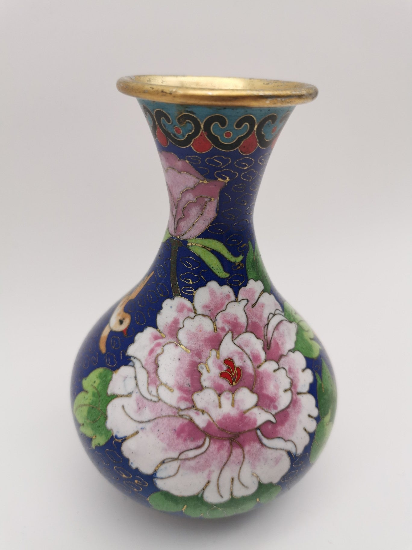 Vintage Chinese Cloisonné Cobalt Blue Vase - Bird, Peonies and Lucky Gourds - 15.5cm tall