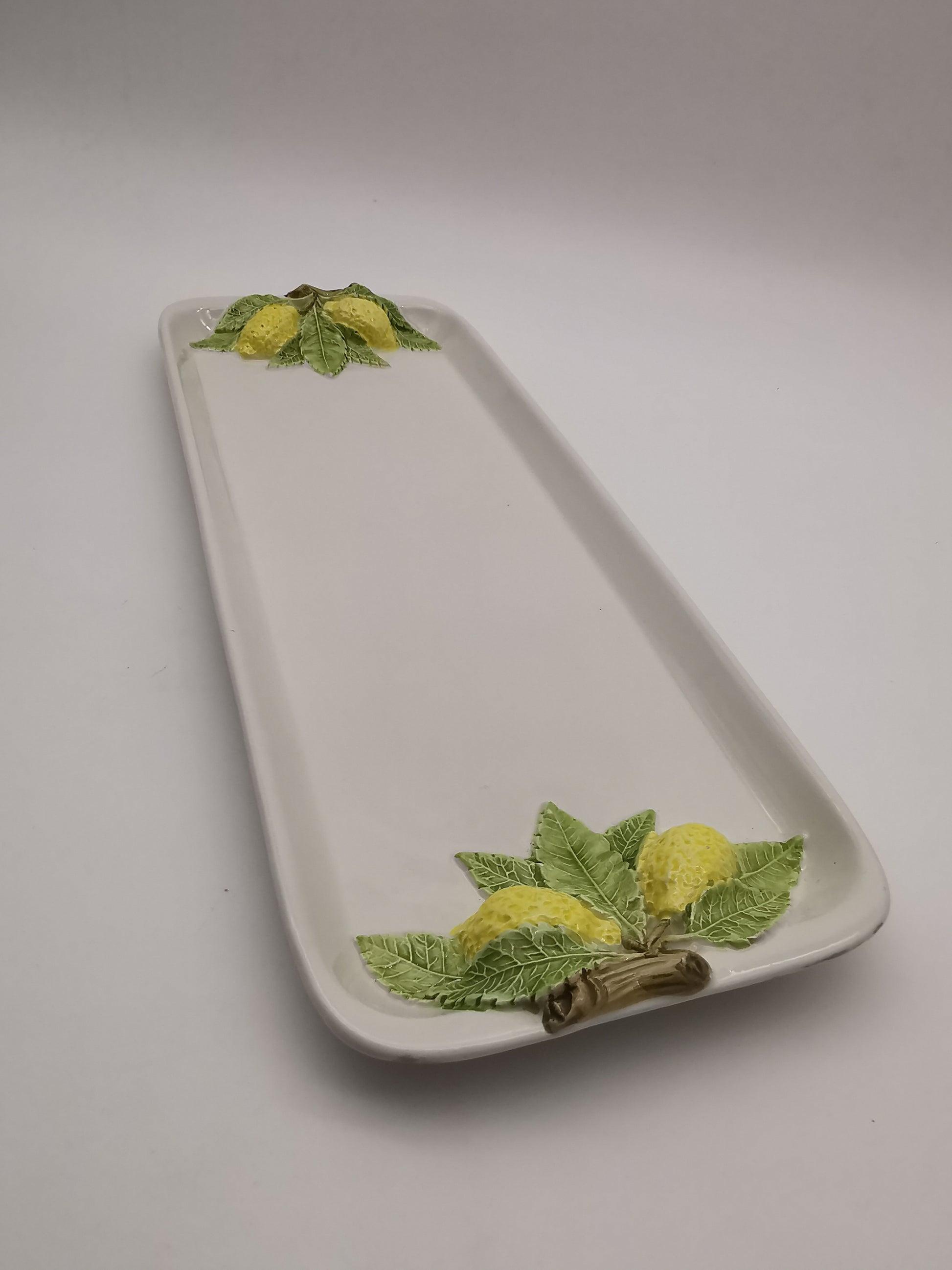 Vintage Bassano Italy Ceramic Lemon Serving Tray / Hand-Painted Majolica Rectangular Platter